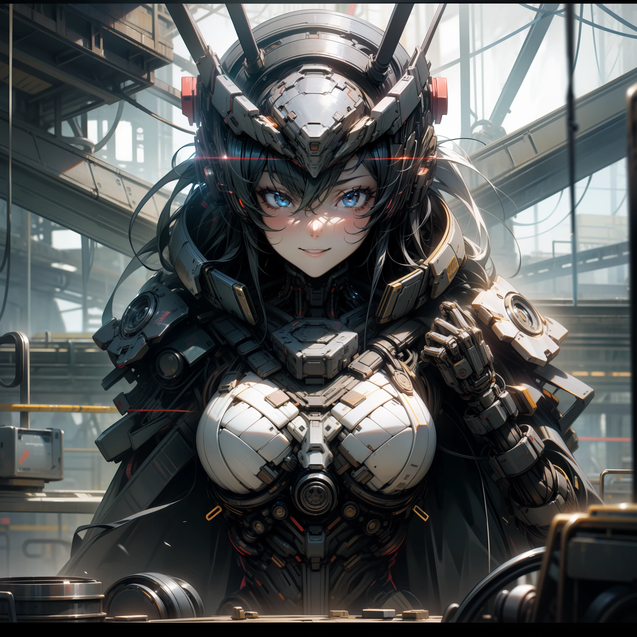 top-quality、delicated face、Enlarge、Inappropriate smile、Metal Girl、Slim body、Mechanically、a large bust、Metal structural skeleton、、cyberpunked、nffsw、looking at the viewers