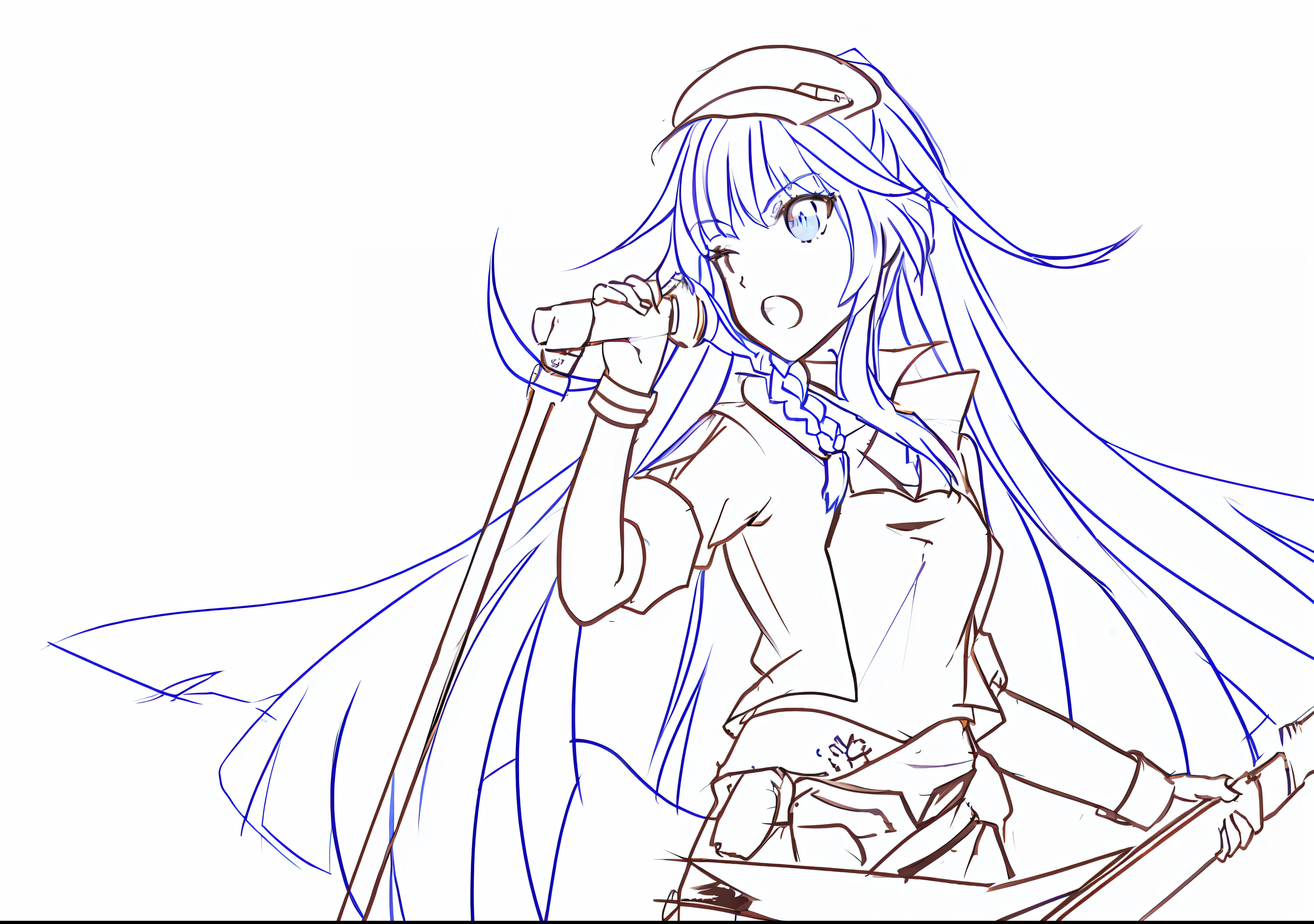 long whitr hair，Anime girl with sword in hand, clean anime outlines, Line sketch!!, Line art!!, heavy outline, sketchy artstyle, with index finger, pudica pose gesture, anime sketch, cushart kenz, Kantai collection style, Line sketch, Marin Kitagawa fanart, anime moe art style, thick line art