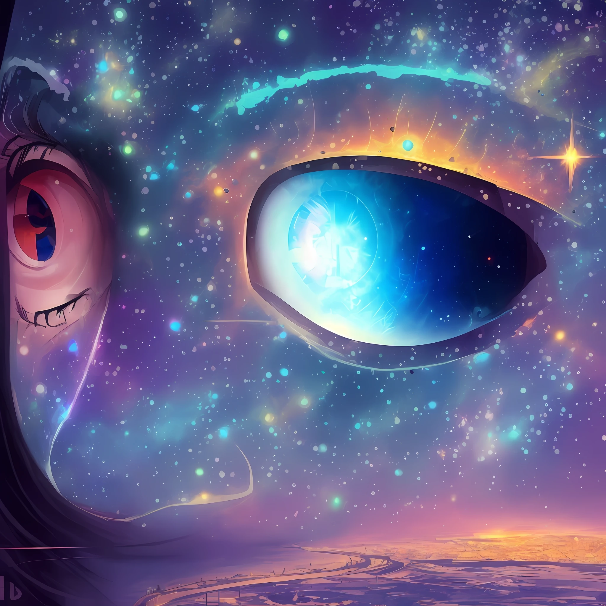 There is a digital painting of a man with a bright eye, rosto derretendo no universo, consciousness projection, digital visionary art, The stars are hidden in the eyes, Mais fundo no metaverso vamos, visuais de outro mundo, galaxy in eyes, O metaverso criptografado, no plano astral ) ) ), galactic dmt entity, um ser interdimensional, canalizando a energia do terceiro olho