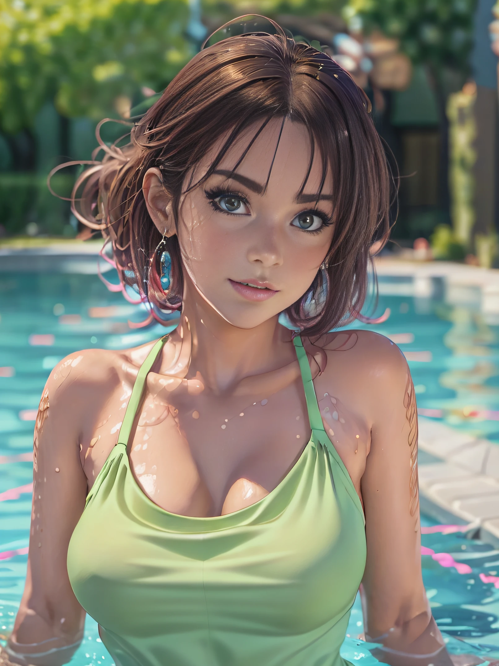um close up de uma mulher em um vestido branco perto de uma piscina, Retrato sedutor ,arte cg anime suave, 3 d anime realista, Estilo anime 3D realista, photorealistic anime girl rendering, 8K Artgerm Bokeh, anime fotorrealista