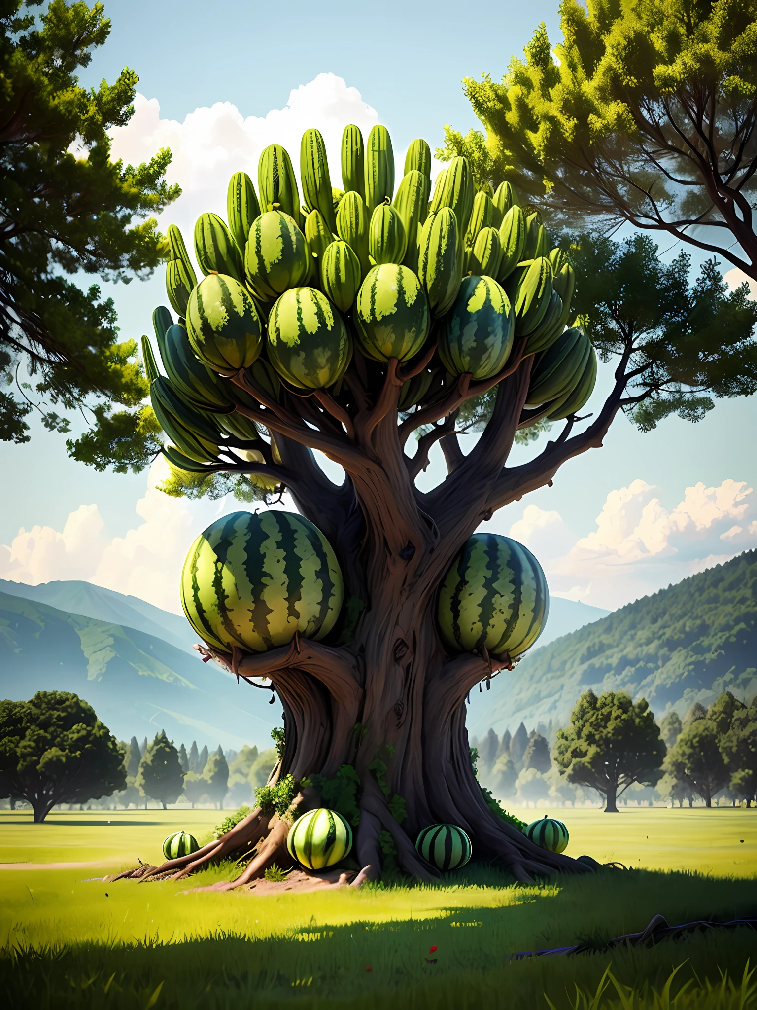There is a tree in the meadow,Watermelon grows on top, weird alien trees, alien trees, breath - taking beautiful trees, breath-taking beautiful trees, an alien fruit, author:Igor Grappa, Fantasy Tree, digital painting highly detailed, highly detailed digital artwork, Beautiful digital artwork, fairy fruit. rendering by octane, rich tree, made of tree and fantasy valley