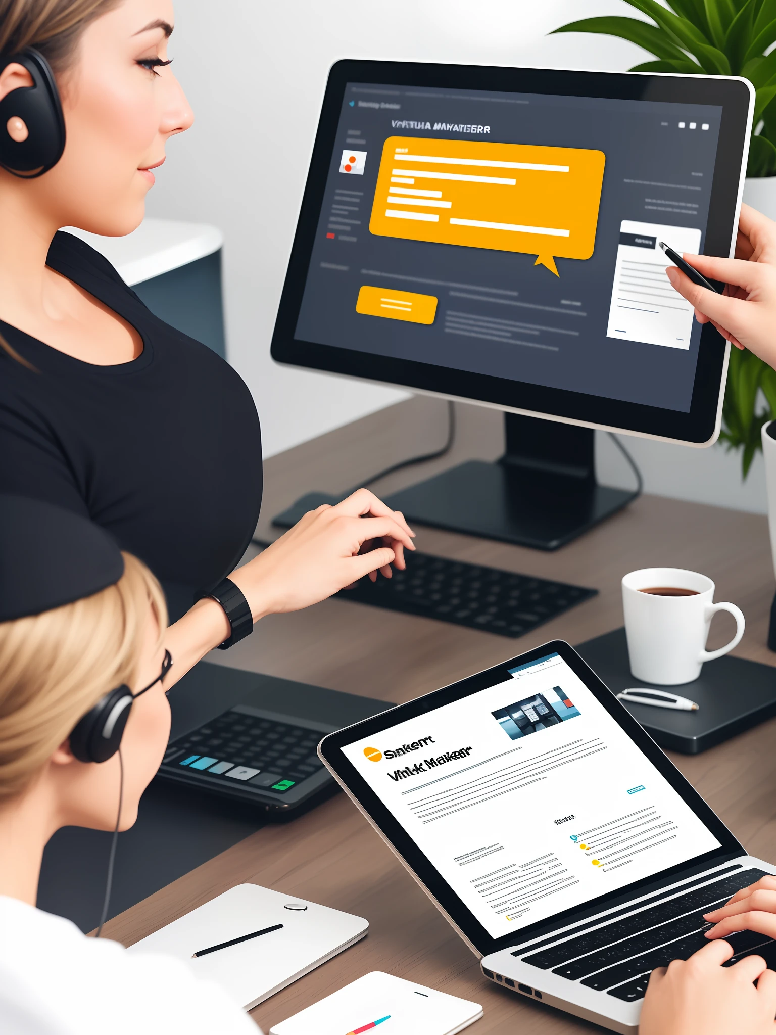 Design an image showcasing the synergy between a digital marketer and a virtual assistant, working together to drive successful content campaigns