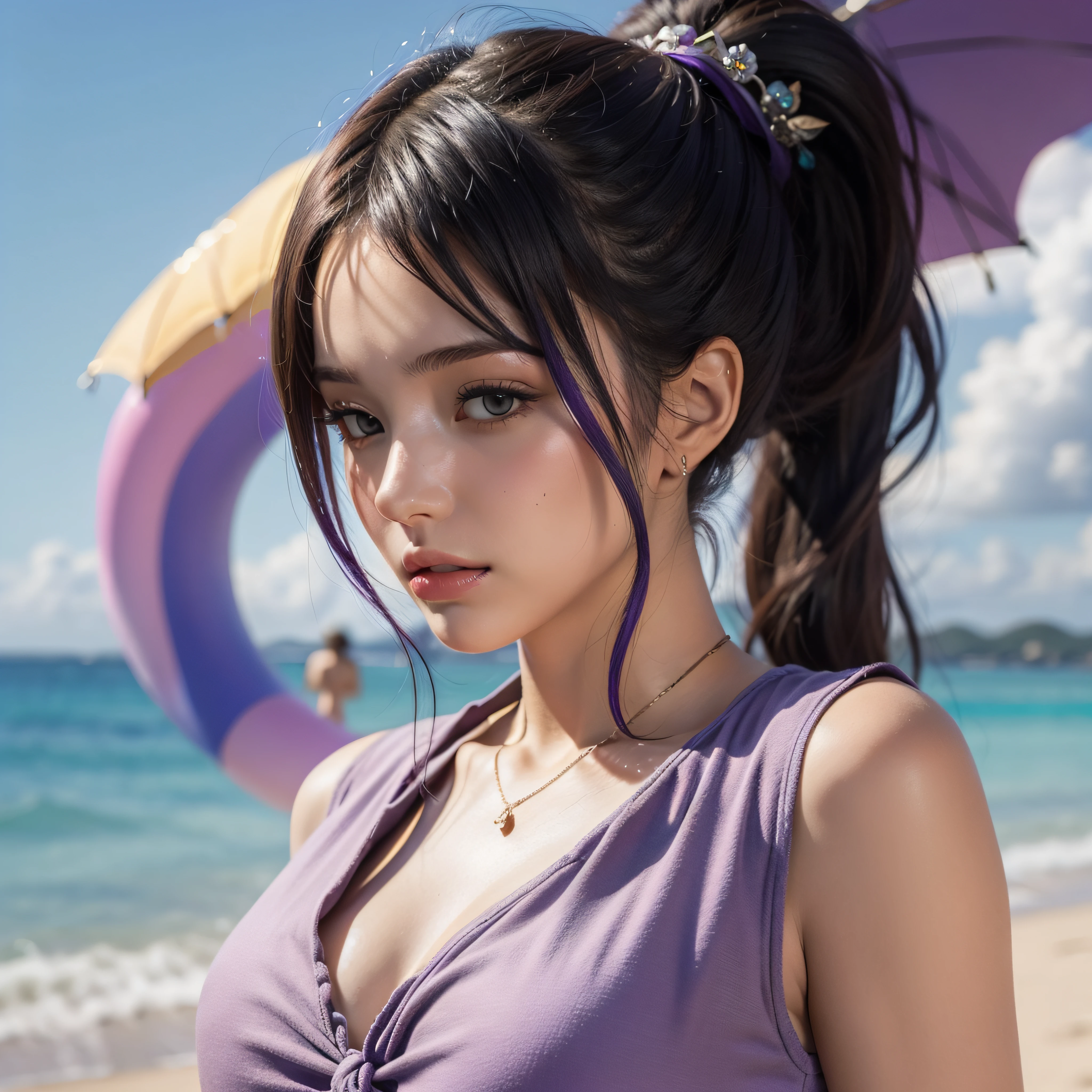 chica ideal iluminada por el sol, ponytail, multicolored hair black and purple, cabello liso hermoso cabello, disparo de cuerpo completo, soleado, camisa de lana blanca