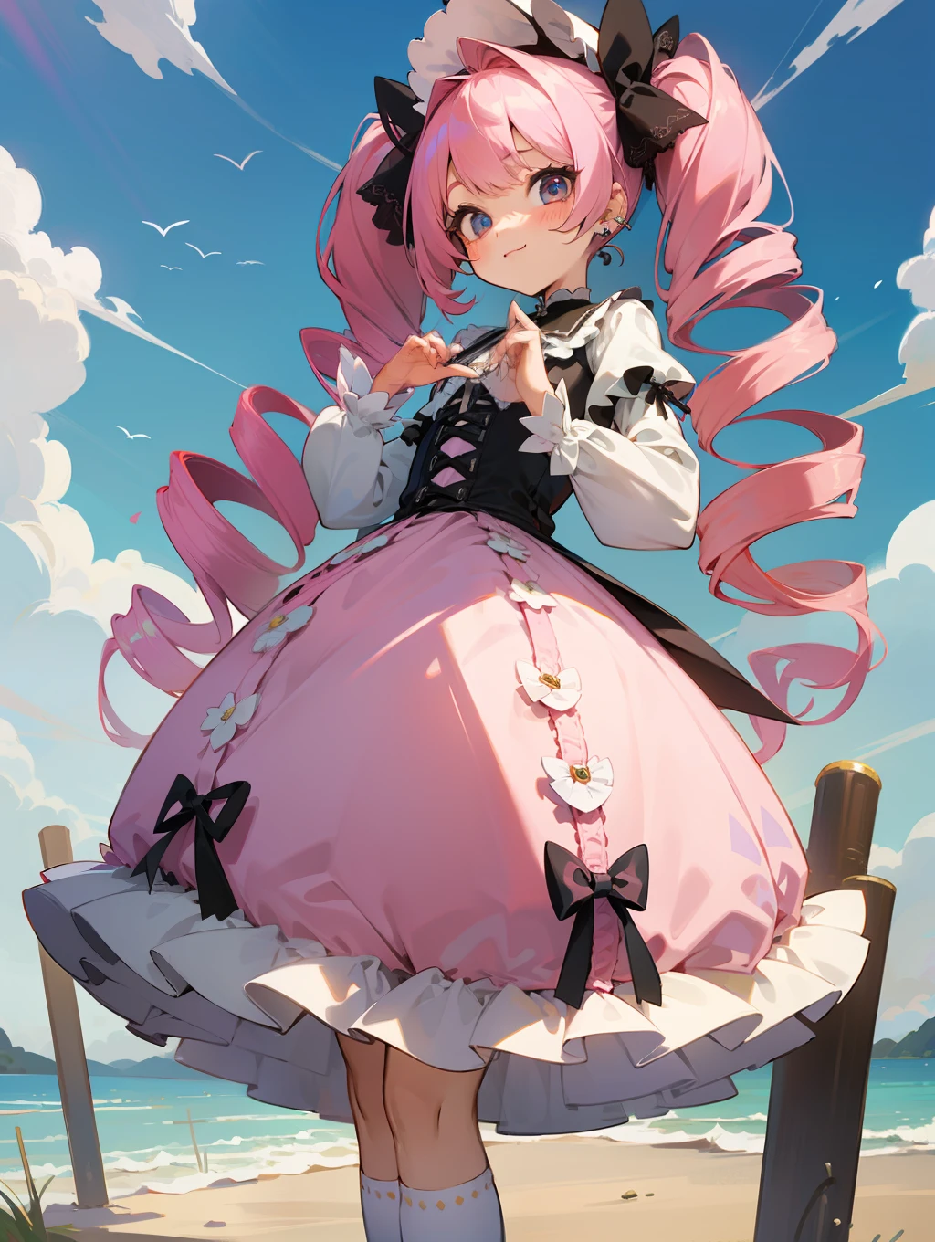 Masterpiece, hyper quality, Hyper Detailed, Perfect drawing,Hi-Res、1girll,ssmile、Loose and fluffy hair、(((drills twintails)))、A pink-haired、Big eyes with double eyelids、lofty nose、blusher(0.2)、small mouth、ear piercings、(((ta Fashion)))、Clothes with lots of lace and frills、Dresses in pastel colors、White or pink clothes、Premium Services、Luxury underwear、a miniskirt,knee high socks(:1.5),(garterbelts)、butt sticks out, Big round buttocks, blue-sky、Summer colors、Sunlight、Walking trail、Shooting from diagonally below, portlate、beatiful backgrounds, meticulous drawing, Accurate drawing、Perfect illustration、Perfect Beautiful Girl、high-class sense、