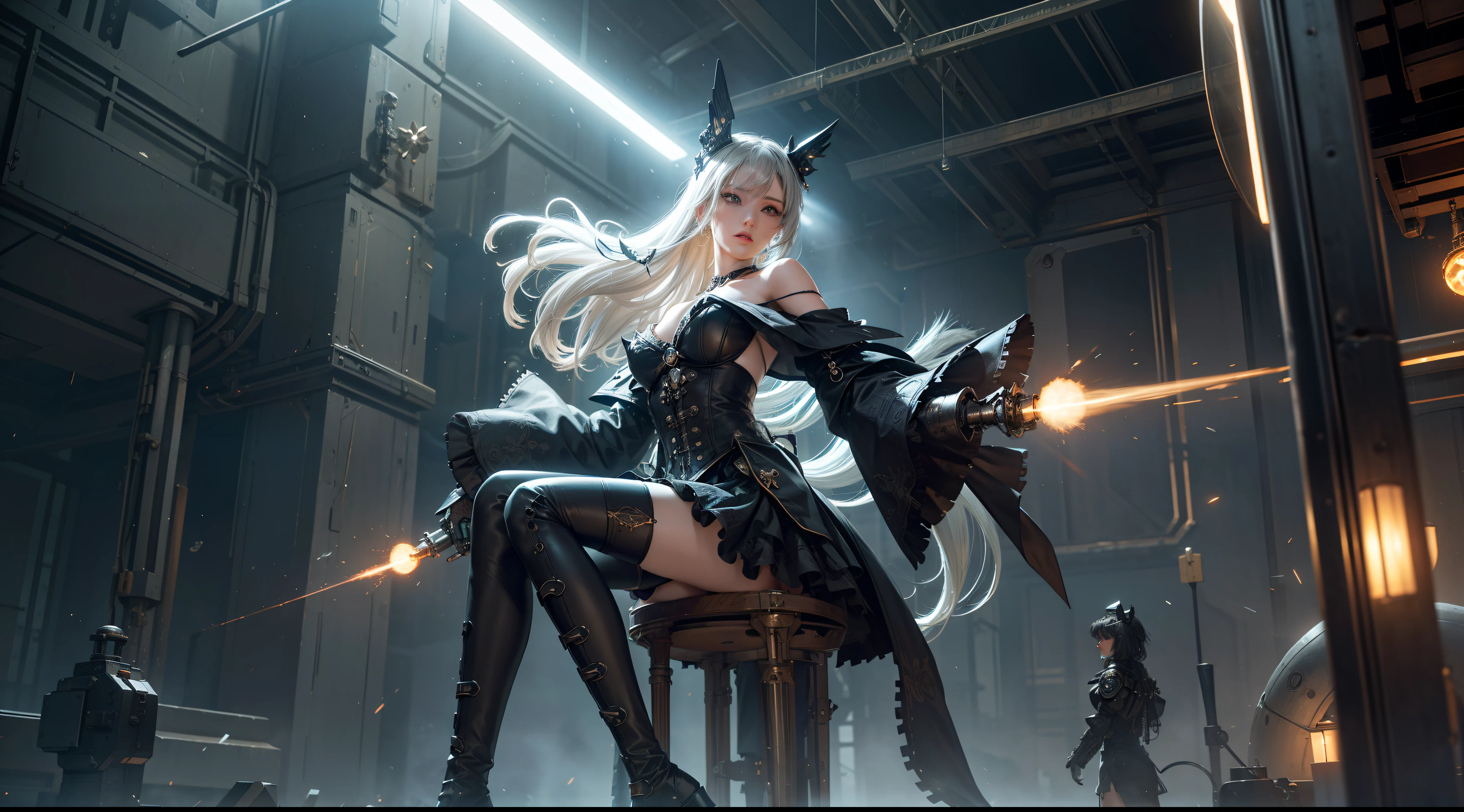((Best Quality)), (Masterpiece)), (Details:1.4), 3D, Android Girl, Mechanical Body, Skeleton Skin, Off-the-Shoulder Fashion That Fuses Detailed and Intricate Steampunk and Detailed Gothic ta, Has a Very Large Mechanical Weapon, Countless Glowing Large Spheres Flying Around Spinning, Lots of Sparks Crossing and Splashing, Magic-invoking poses, dynamic action poses, spinning and flying celestial bodies, countless neon lights raining down from the heavens, very thin long legs, over-the-knee mechanical boots, intricate steampunk headgear, fluttering lace flared miniskirts, off-the-shoulder fashion by fusing futuristic cyborgs with detailed and intricate steampunk and detailed gothic loliBeautiful little breasts pointing upwards, clean long silver hair, long vertical curly, wind driven, futuristic complex steampunk factory background, cinematic lighting, HDR (High Dynamic Range), ray tracing, NVIDIA RTX, super resolution, Unreal 5, subsurface scattering, PBR texturing, post-processing, anisotropic filtering, depth of field, Maximum clarity and sharpness, multi-layer textures, albedo and specular maps, surface shading, accurate simulation light material interaction, perfect proportions, octane rendering, two-tone lighting, wide aperture, low ISO, white balance, rule of thirds, 8K RAW,