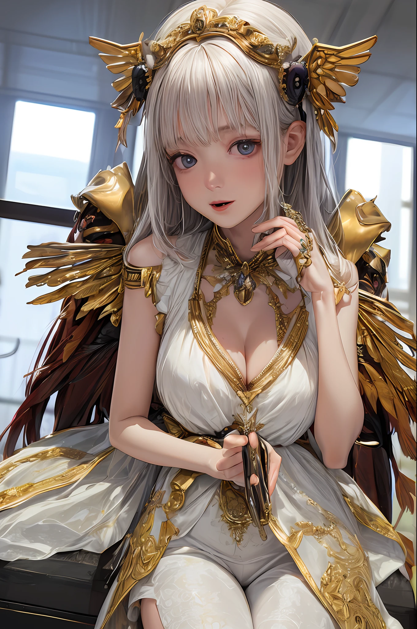 top-quality、masterpiece、超A high resolution、(Photorealsitic:1.4)、Raw photo、Mechanical Angel、large wings made of metal、White porcelain body、white hair、glowy skin、1 Mechanical Girl、((super realistic details))、portlate、globalillumination、Shadow、octan render、8K、ultrasharp、character edge light,Colossal tits、Raw skin is exposed in cleavage、Details of complex ornaments、Hydraulic cylinder、highly intricate detail、Realistic light、a purple eye、radiant eyes、Facing the camera、neon details、cowboy shot、Futuristic headgear、Sumerian details、Small LED lamp、