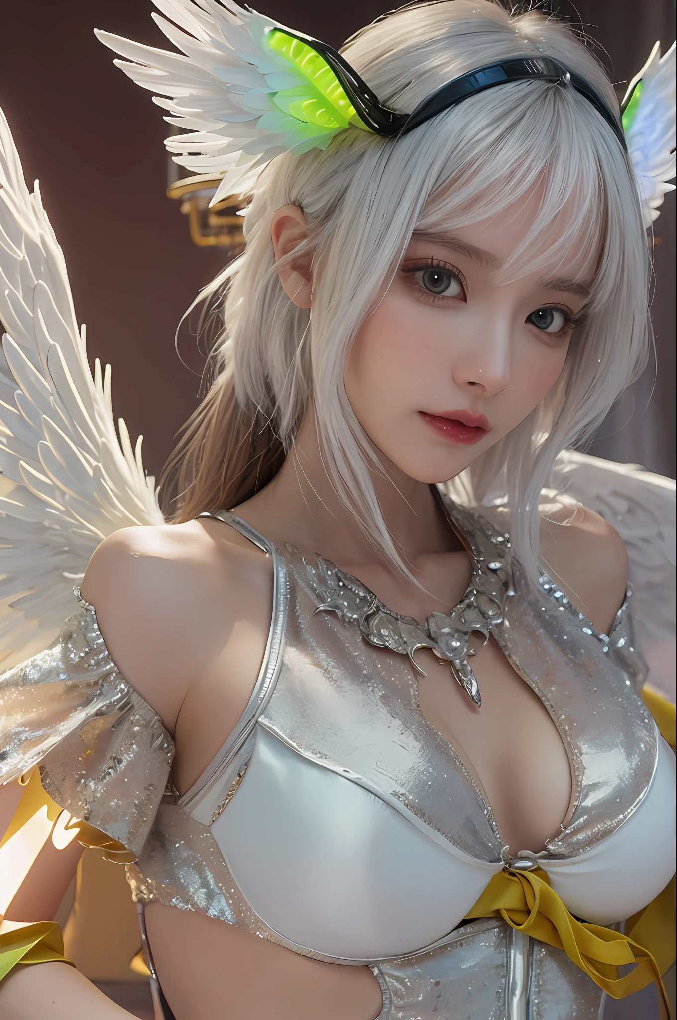 top-quality、masterpiece、超A high resolution、(Photorealsitic:1.4)、Raw photo、Mechanical Angel、large wings made of metal、White porcelain body、white hair、glowy skin、1 Mechanical Girl、((super realistic details))、portlate、globalillumination、Shadow、octan render、8K、ultrasharp、character edge light,Colossal tits、Raw skin is exposed in cleavage、Details of complex ornaments、Hydraulic cylinder、highly intricate detail、Realistic light、a purple eye、radiant eyes、Facing the camera、neon details、cowboy shot、Futuristic headgear、Sumerian details、Small LED lamp、