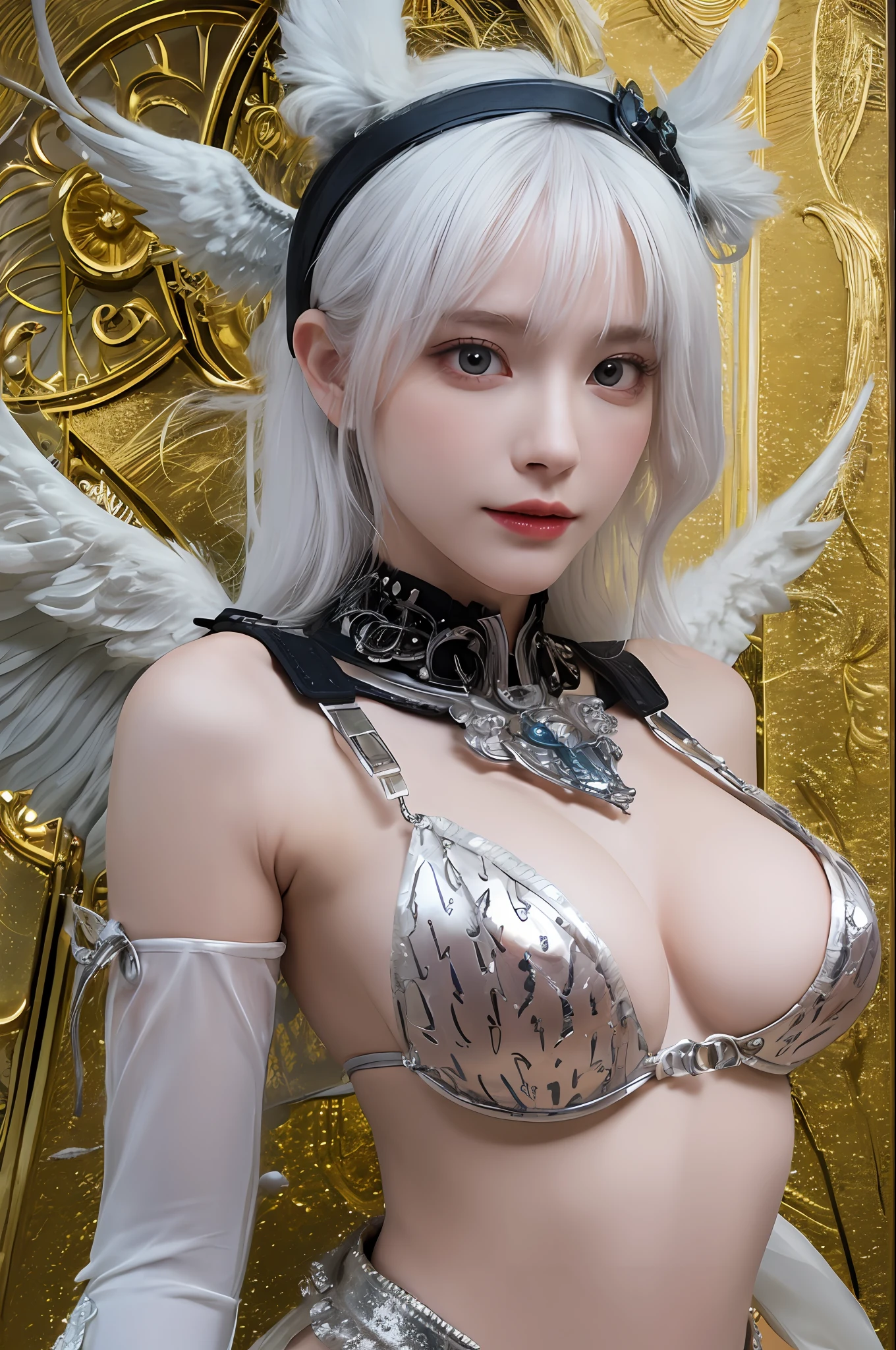 top-quality、masterpiece、超A high resolution、(Photorealsitic:1.4)、Raw photo、Mechanical Angel、large wings made of metal、White porcelain body、white hair、glowy skin、1 Mechanical Girl、((super realistic details))、portlate、globalillumination、Shadow、octan render、8K、ultrasharp、character edge light,Colossal tits、Raw skin is exposed in cleavage、Details of complex ornaments、Hydraulic cylinder、highly intricate detail、Realistic light、a purple eye、radiant eyes、Facing the camera、neon details、cowboy shot、Futuristic headgear、Sumerian details、Small LED lamp、