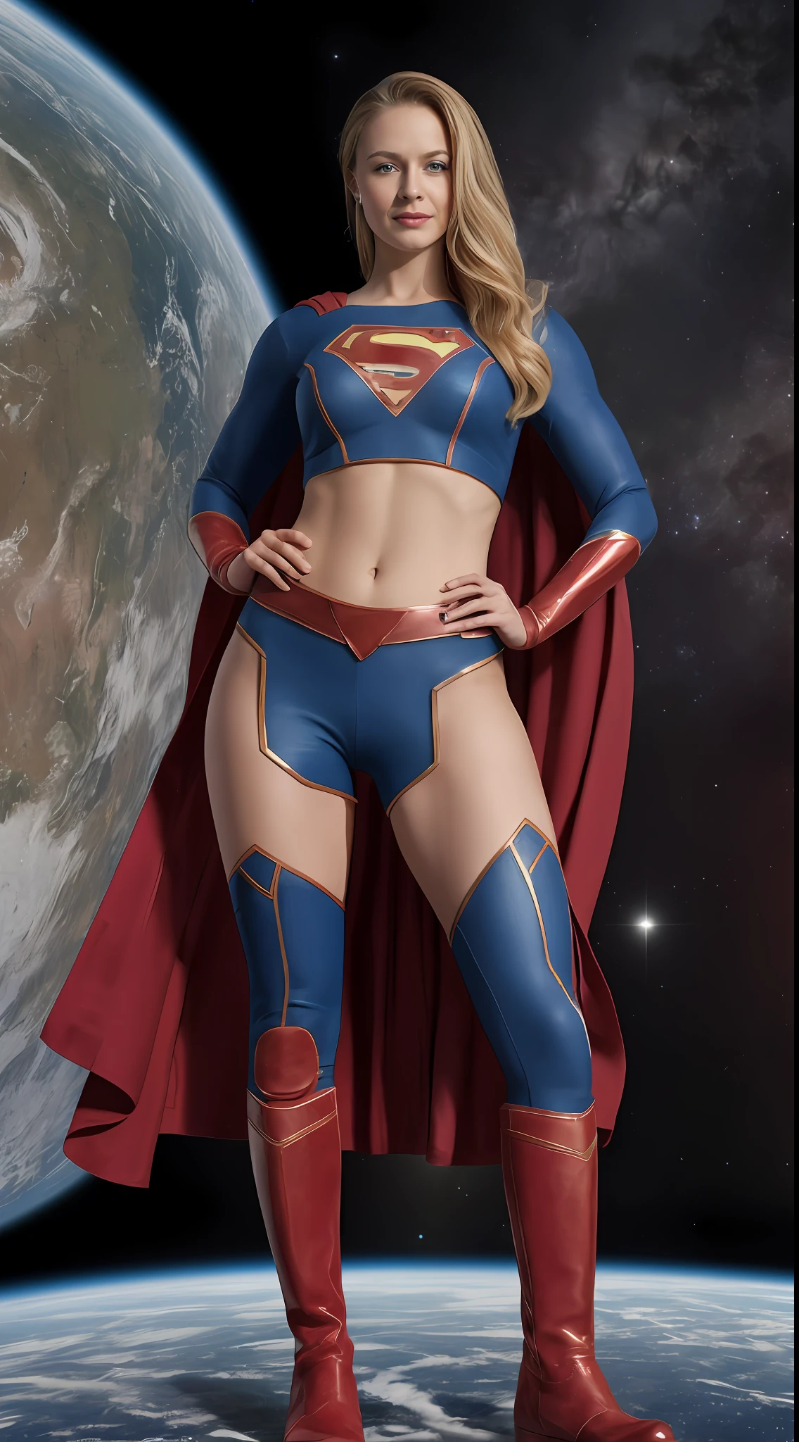 (((Towering over you))), face,supergirl Beautiful woman (20 years old, long blonde hair, blue eyes) defined body, detailed, using tube dress cosplay supergirl suite, smirking, standing on a planet in space with her full body in view, cosmic background, furrowed brow, ((midriff exposed)), city under her boots