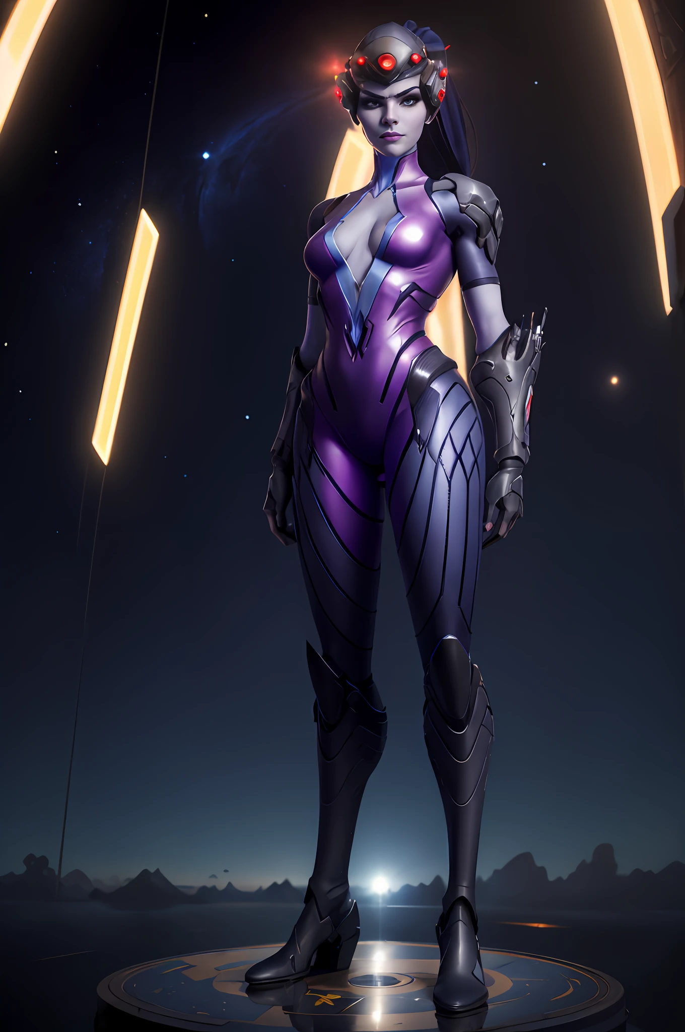 widowmaker, looking at viewer, death glare, visor, bodysuit, ponytail, skyscraper, solo, sunlight, best quality, (((Towering over you))), smirking, standing on a planet in space with her full body in view, cosmic background, furrowed brow, boots, arms raised, smirking