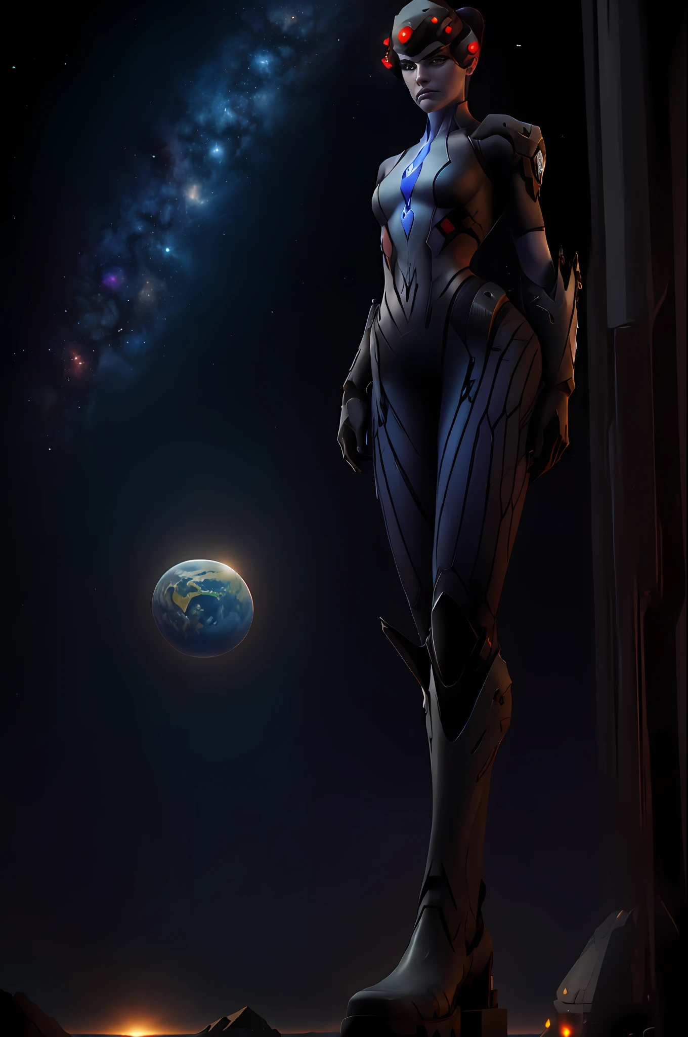 widowmaker, looking at viewer, death glare, visor, bodysuit, ponytail, skyscraper, solo, sunlight, best quality, (((Towering over you))),  smirking, standing on a planet in space with her full body in view, cosmic background, furrowed brow, boots, midriff exposed