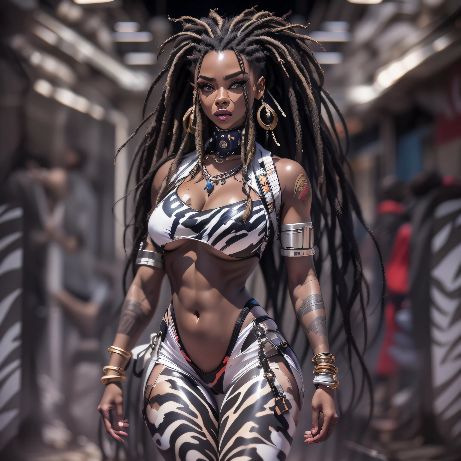 ((Best quality)), ((masterpiece)), (detailed: 1.4), (Absurd), Zulu warrior, zebra, African bracelets and necklaces, black skin, cybernetic hands, Clothing with zebra skin camouflage, explosion of colors, cosmic tattoo, nebulous, sculptural body defined muscle, whole body, half thick naked thighs, closed mouth, body covered by technological clothing, Neon Genesis Evangelion style, cyberpunk, generous neckline, ((perfect medium breasts)), (super light brown eyes), ((clothing with zebra skin camouflage)), (((black and white hair with dreadlocks)))), long and black eyelashes heavy makeup, various African jewelry, bare legs, by mucha, niji --V5, close to real, psychopath, crazy face, sexy pose, fractal background, 2 piece clothing, pastel, centered, scale to fit the dimensions, HDR (High Dynamic Range), Ray Tracing,NVIDIA RTX,Super-Resolution,Unreal 5,Subsurface Dispersion, PBR Texture, Post-processing, Anisotropic Filtering, Depth of Field, Maximum Clarity and Sharpness, Multilayer Textures, Albedo and Specular Maps, Surface Shading, Accurate Simulation of Light-Material Interaction, Perfect Proportions, Octane Render, Two-Tone Lighting, Wide Aperture, Low ISO, White Balance, Rule of Thirds, 8K RAW, Crysisnanosuit