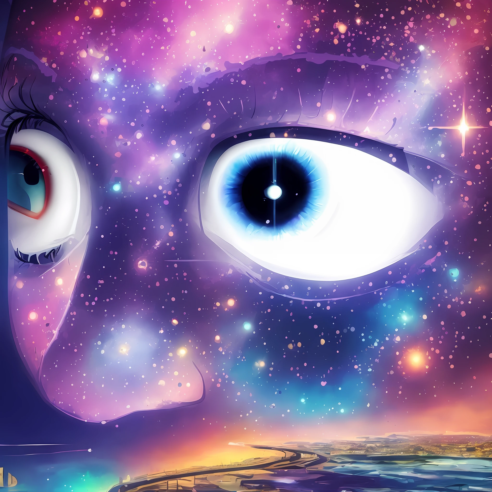 There is a digital painting of a man with a bright eye, rosto derretendo no universo, consciousness projection, digital visionary art, The stars are hidden in the eyes, Mais fundo no metaverso vamos, visuais de outro mundo, galaxy in eyes, O metaverso criptografado, no plano astral ) ) ), galactic dmt entity, um ser interdimensional, canalizando a energia do terceiro olho