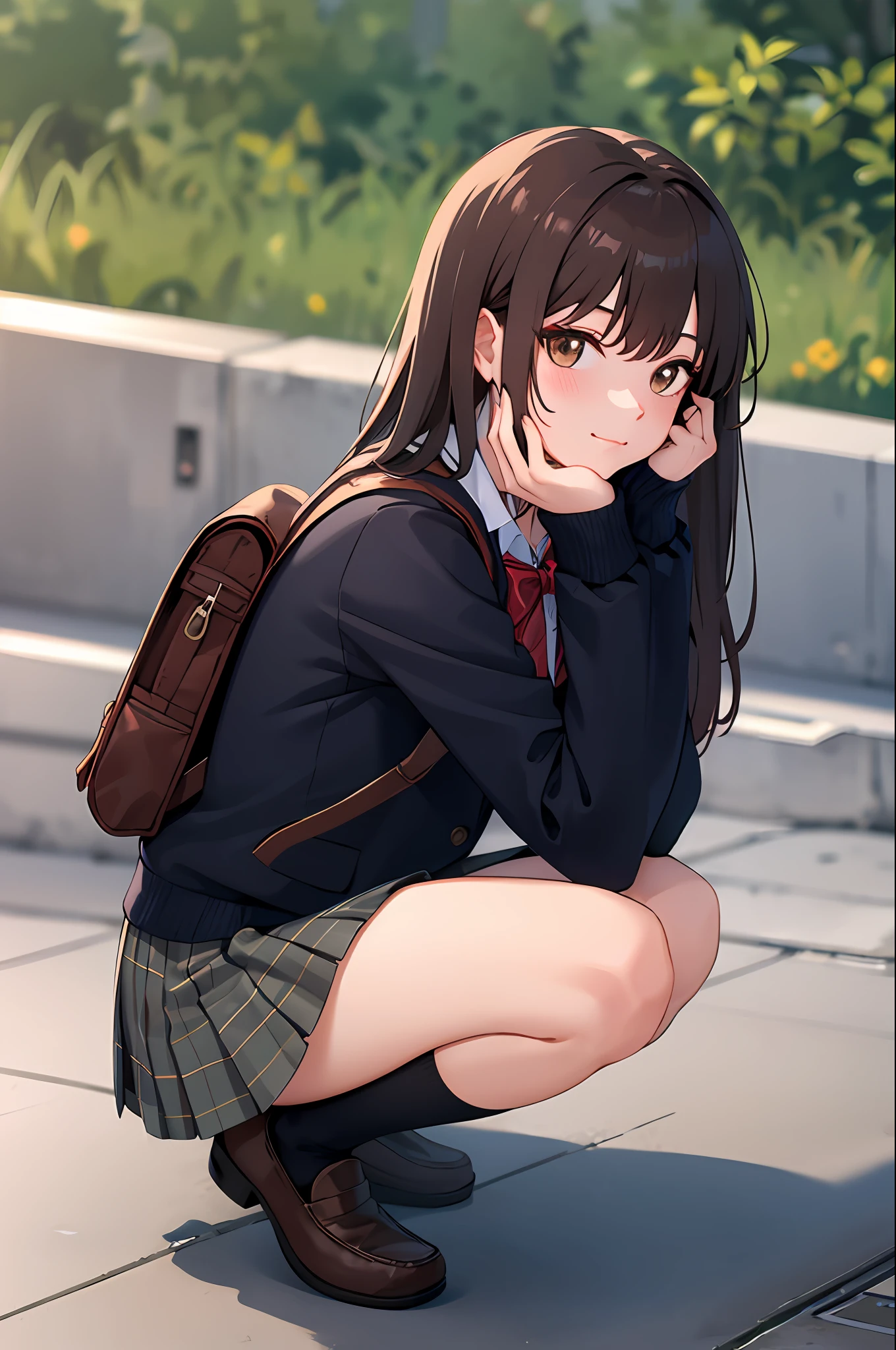 masterpiece, best quality, 1girl, solo, skirt, bag, outdoors, jacket, squatting, socks, shoes, looking at viewer, brown footwear, school uniform, plaid, loafers, blazer, brown hair, plaid skirt, black socks, long sleeves, bangs, open clothes, open jacket, bow, brown eyes, pleated skirt, bowtie, day, long hair, full body, bush, red bow, kneehighs, shirt, closed mouth, sleeves past wrists, backpack, hand on own face, red bowtie, black jacket, school bag, blush, plant, brown skirt, hand on own cheek, blurry, from side, hand up, looking to the side, collared shirt, miniskirt, white shirt, cardigan, grass, sweater, light smile
