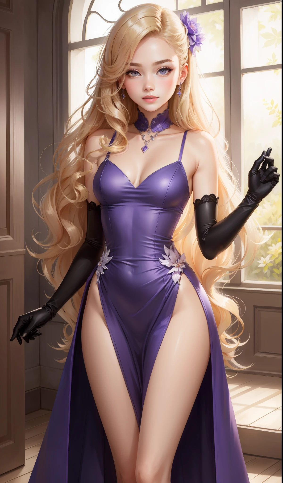 a woman wearing , lilac and purple dress with a slit for the left leg, backless dress , lilac  elegant length gloves, lilac high heels, purple flowery hair pin, elegant , cute face, nike shoes, , adult face, long hair, ((honey coloured hair)) and gleaming detailed vibrant purple eyes, slim frame, medium breast size , long legs, beautiful face, small glossy pink lips, long wavy hair