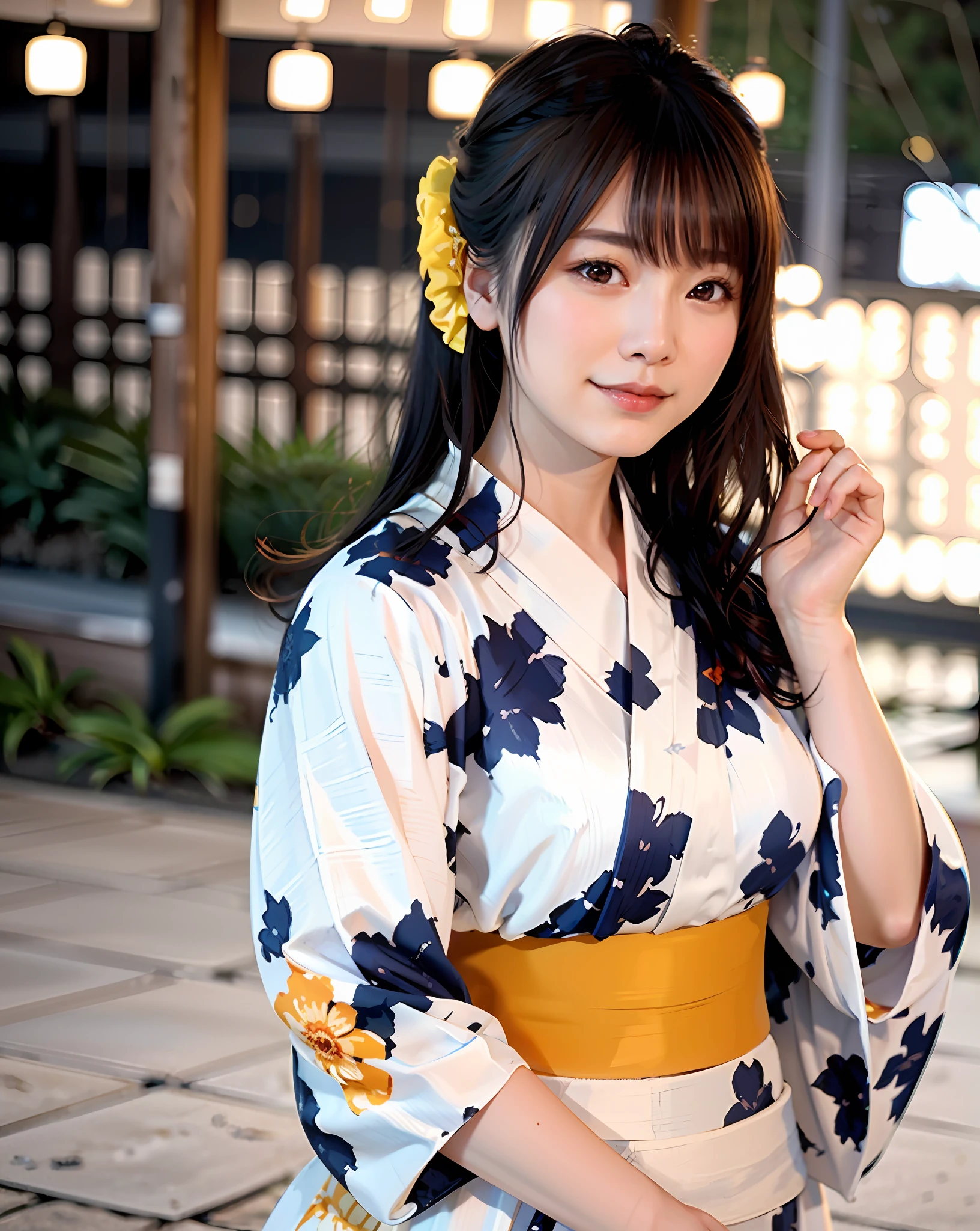 top-quality, 1girl in, (Skindentation), (large full breasts), (tag), with light glowing, blured background, outside of house, sparklers、(a street:0.6), (a person, crowd:1), (Double pan head:1.5), (Japanese Yukata:1.5), a gorgeous, (Floating hair:1.5), (dynamicposes:0.8),Too huge breasts、 Soft lighting, the wind, garden,