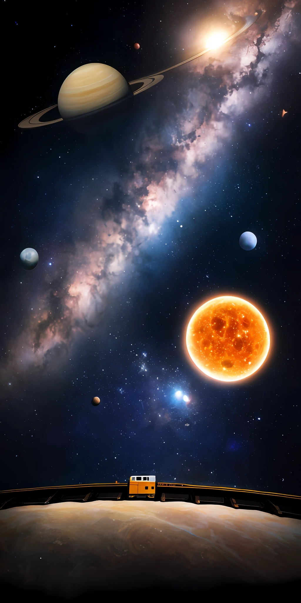 masterpiece、top-quality、hightquality、Highly detailed CG Unity 8k wallpapers、depth of fields、HDR、Photorealsitic、ighly detailed、Convoluted、High Details、kosmos、kosmos、intergalactic、stele、planetes、astronault、kosmos、Um ser celestial、nebulas、black hole、solar system、cosmic ray、supernova、Deep space、Um ser celestial、Galaxy Railway、Silver Railroad Tracks、dream-like、with light glowing、