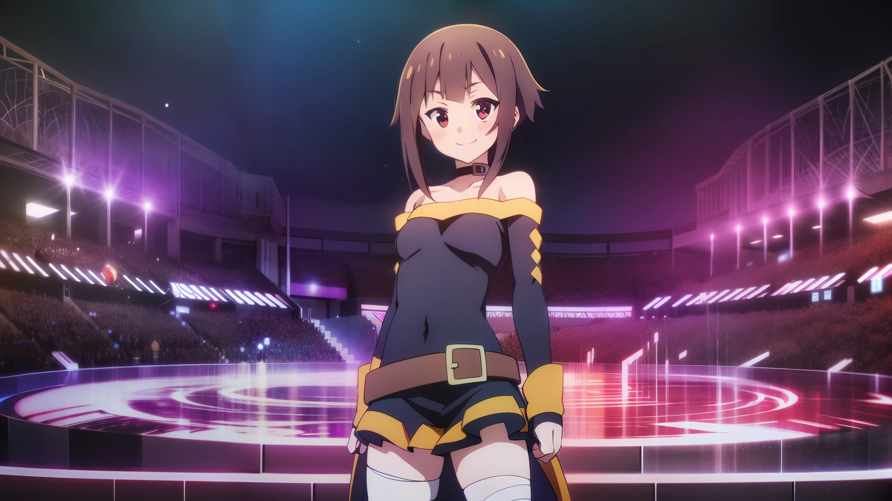 megumin, standing, looking at viewer, (no headwear), brown hair, short hair, red eyes, blush, black choker, blue and yellow dress, long sleeves, blue gloves, fingerless gloves, belt, black belt, gold trim, zettai ryouiki, skindentation, (asymmetrical legwear:1. 4), mismatched legwear, (bandaged leg:1. 3), black thighhighs, Smile, cowboy shot, forest, konosuba anime style, bombonera stadium background