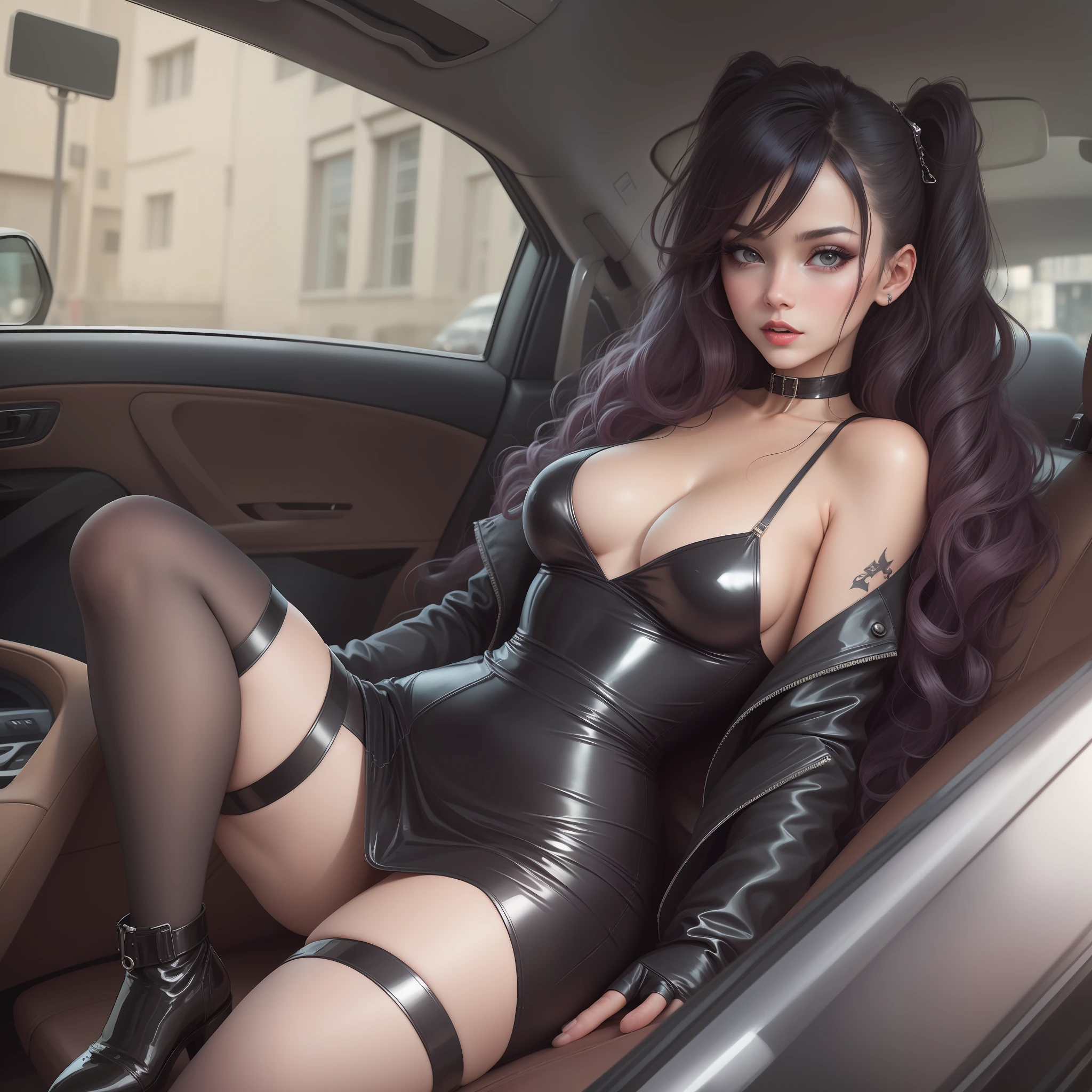 sexy girl, goth, wearing latex dress, inside car, sexy, lewd, makeup, choker, stockings, exposed --auto
