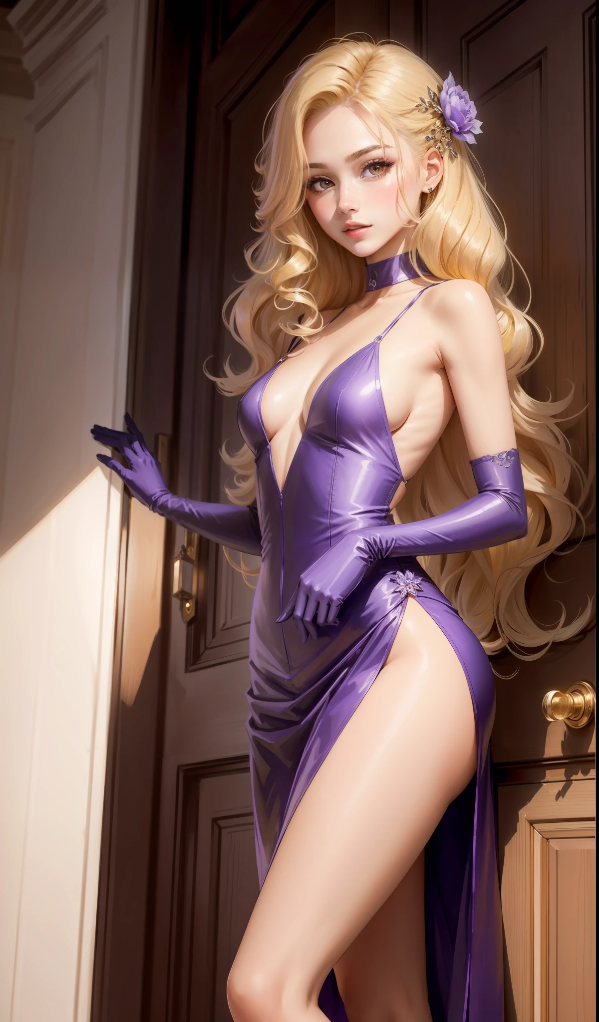 a woman wearing , lilac and purple dress with a slit for the left leg, backless dress , black elbow length gloves, lilac high heels, purple flowery hair pin, elegant , cute face, nike shoes, , adult face, long hair, ((honey coloured hair)) and gleaming detailed vibrant purple eyes, slim frame, medium breast size , long legs, beautiful face, small glossy pink lips, long wavy hair