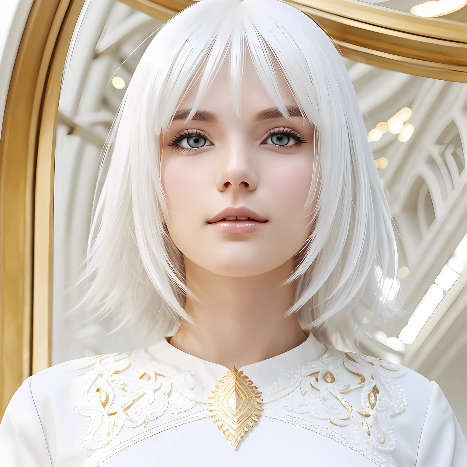 best quality, animation, white hair, gold eyes, white clothes, looking up, upper body, hair strand, Fair skin