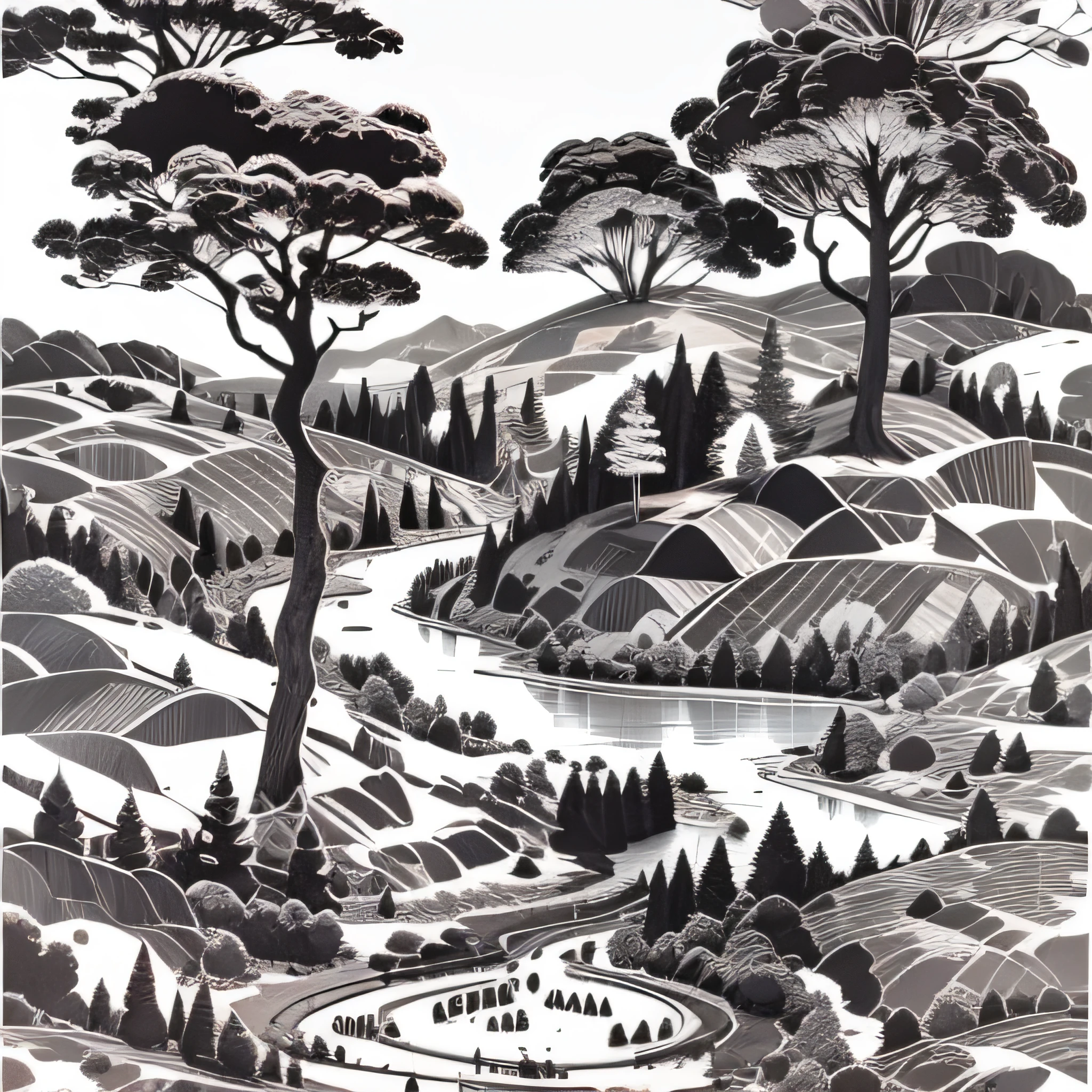 stencil ink vintage simple, less complex illustration of a hills, river, trees and farms, black and white colors, white background