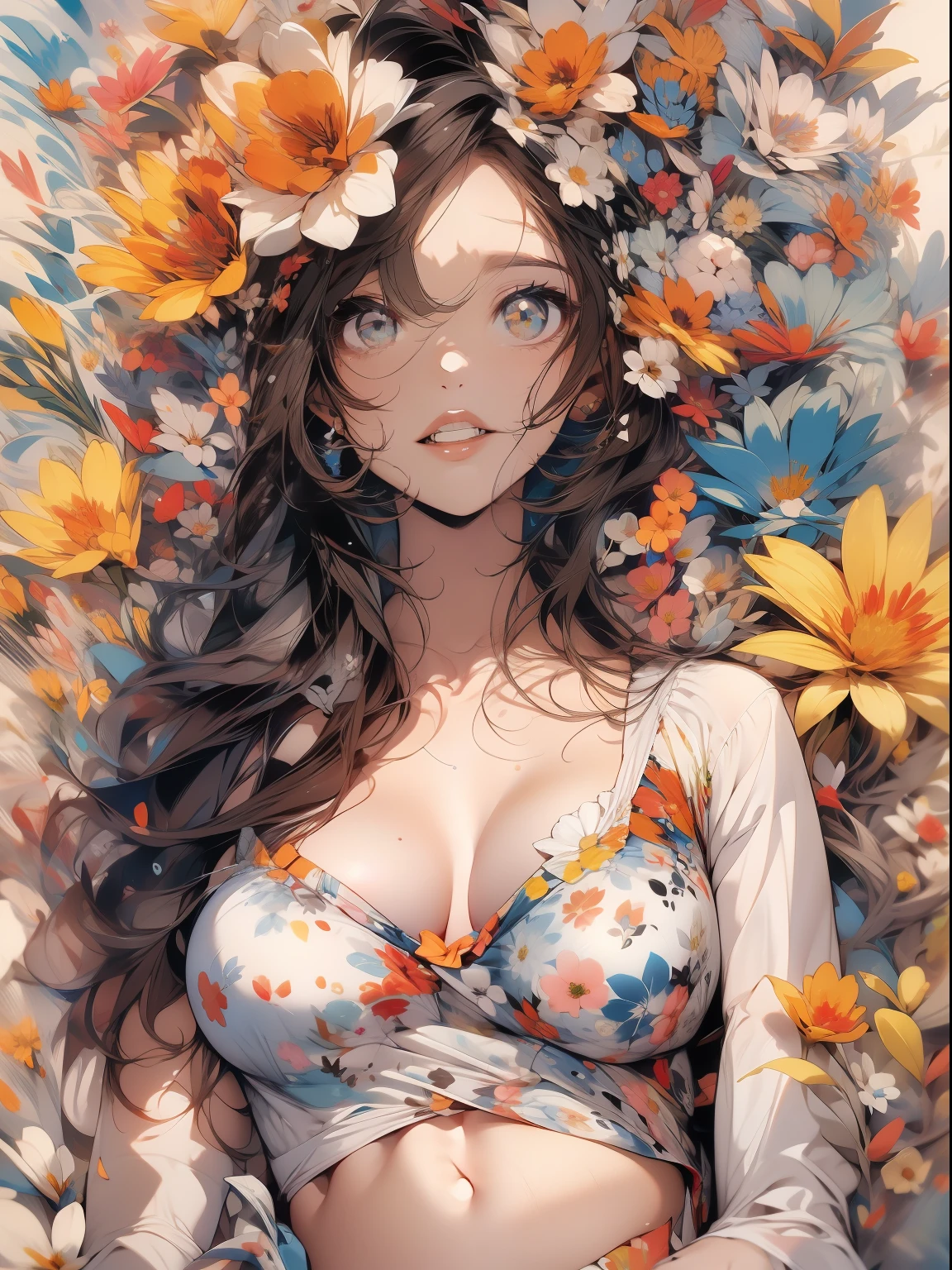 fotografia, adesivo banksy arte , ::ART STYLE Tinta digital por Frank Cho :: ,((Camila Bernal mulher bonita )), ( olhos detalhados e rosto detalhado:1.3), (camiseta ou vestido:1.3), (fundo bonito e claro:1.2), (extremamente detalhado, ultra-detalhado, melhor sombra:1.1), flowers and petals,  , (fundo branco:0.5), (illustration :1.1), (menina extremamente bonita:1.1), (detalhes perfeitos:1.1) cores vibrantes