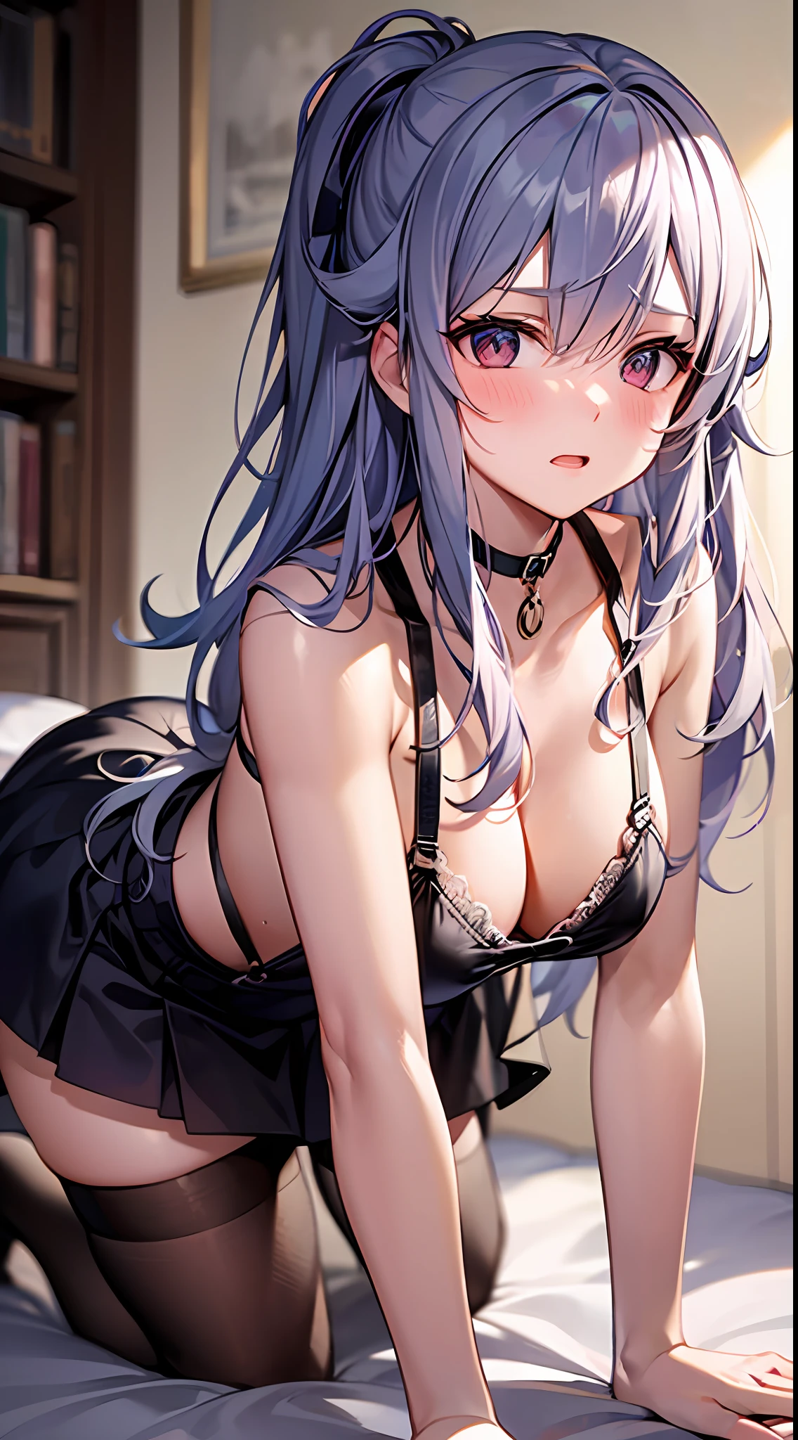 {Best Quality}, {ultra-detailliert}, {very detailed illustration}, silber hair, Aimei, embarrassed from,breastsout,red blush,Black tie,Be undress,{Suspender Skirt},suspenders,skirt by the,Casual clothing,a bed,{all-fours},Cool,Lateral view,bustup,Woman being pushed down