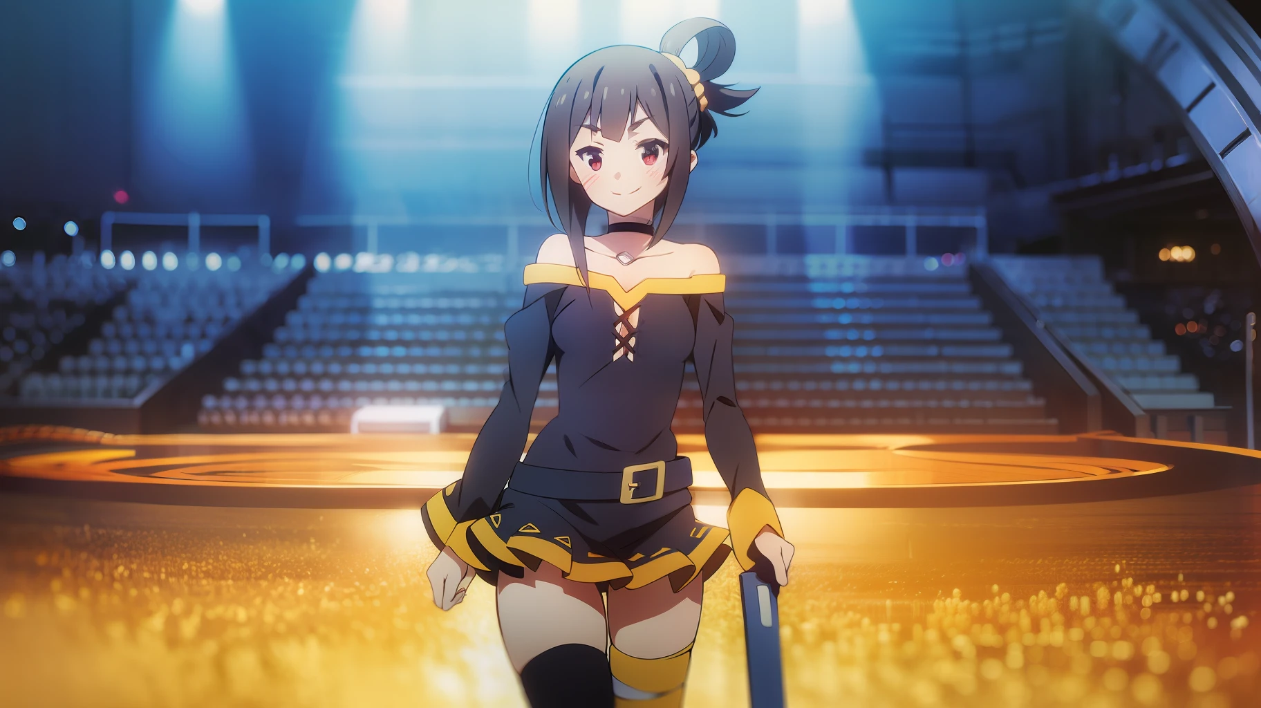 megumin, standing, looking at viewer, (no headwear), brown hair, short hair, red eyes, blush, black choker, blue and yellow dress with boca juniors logo, long sleeves, blue gloves, fingerless gloves, belt, black belt, gold trim, zettai ryouiki, skindentation, (asymmetrical legwear:1. 4), mismatched legwear, (bandaged leg:1. 3), black thighhighs, Smile, cowboy shot, forest, konosuba anime style, bombonera stadium background with blue and yellow flags