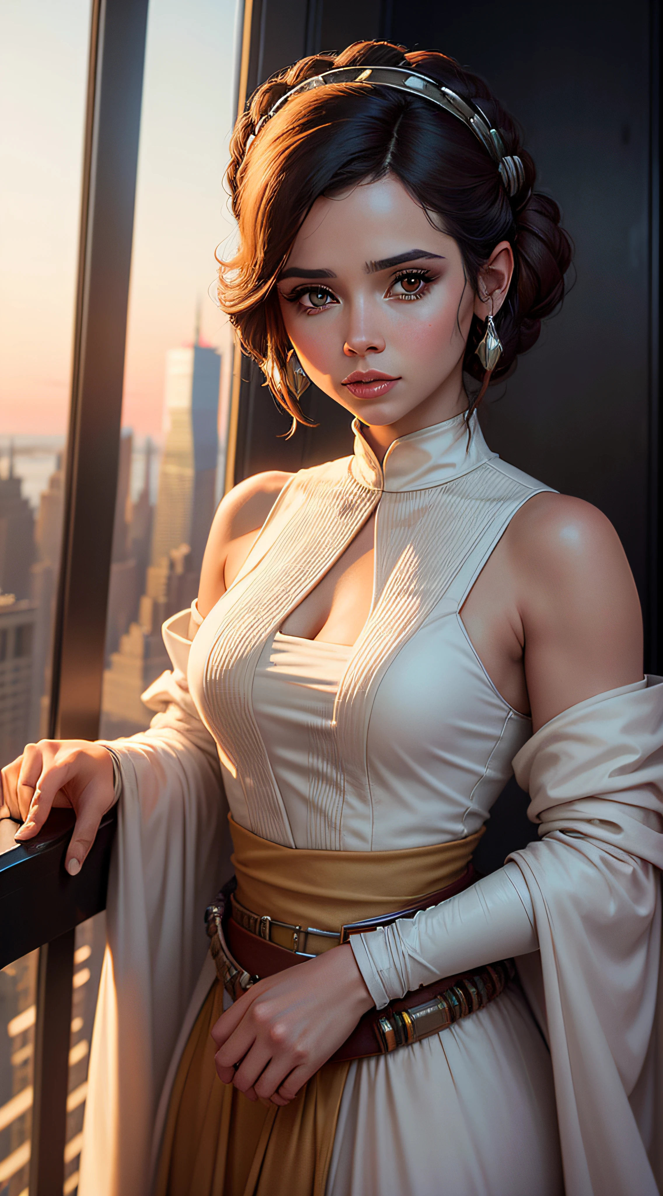 Princesa Leia (Star Wars) is on top of a building in New York, no final do dia, ao por do Sol, vista detalhada de Nova York ao por do sol, detailed face of Princess Leah, Attention to Detail, detalhes intrincados, foto muito lindo. --auto