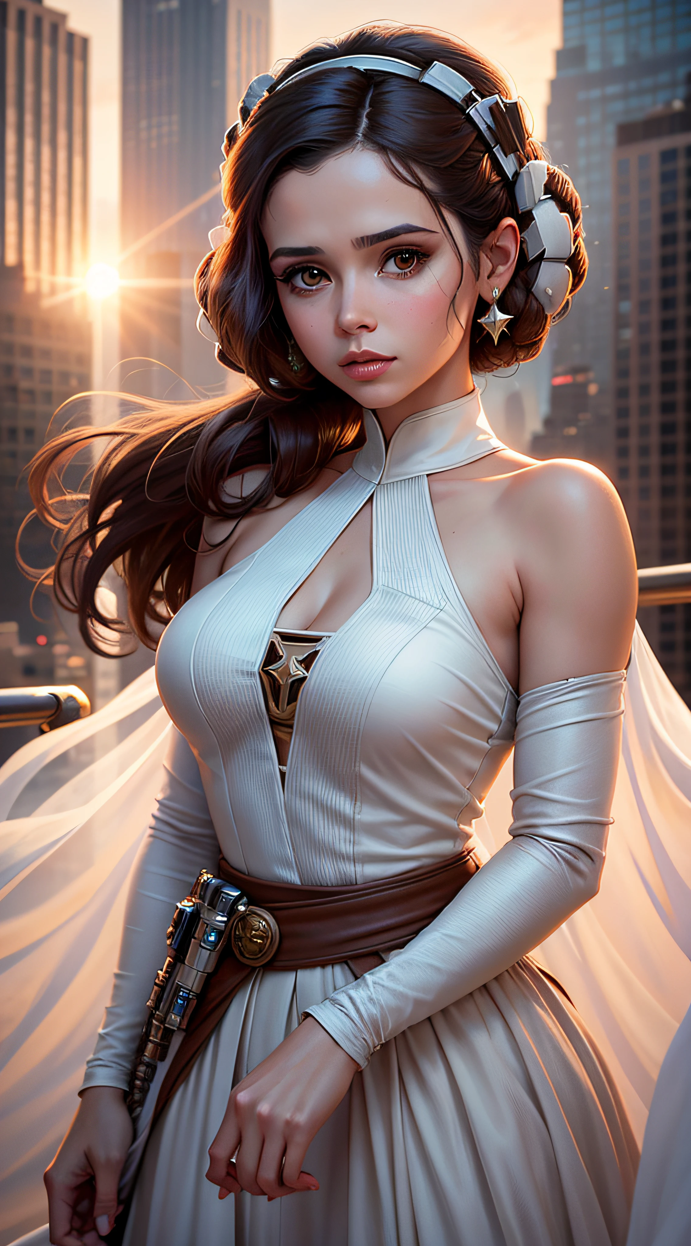 Princesa Leia (Star Wars) is on top of a building in New York, no final do dia, ao por do Sol, vista detalhada de Nova York ao por do sol, detailed face of Princess Leah, Attention to Detail, detalhes intrincados, foto muito lindo. --auto