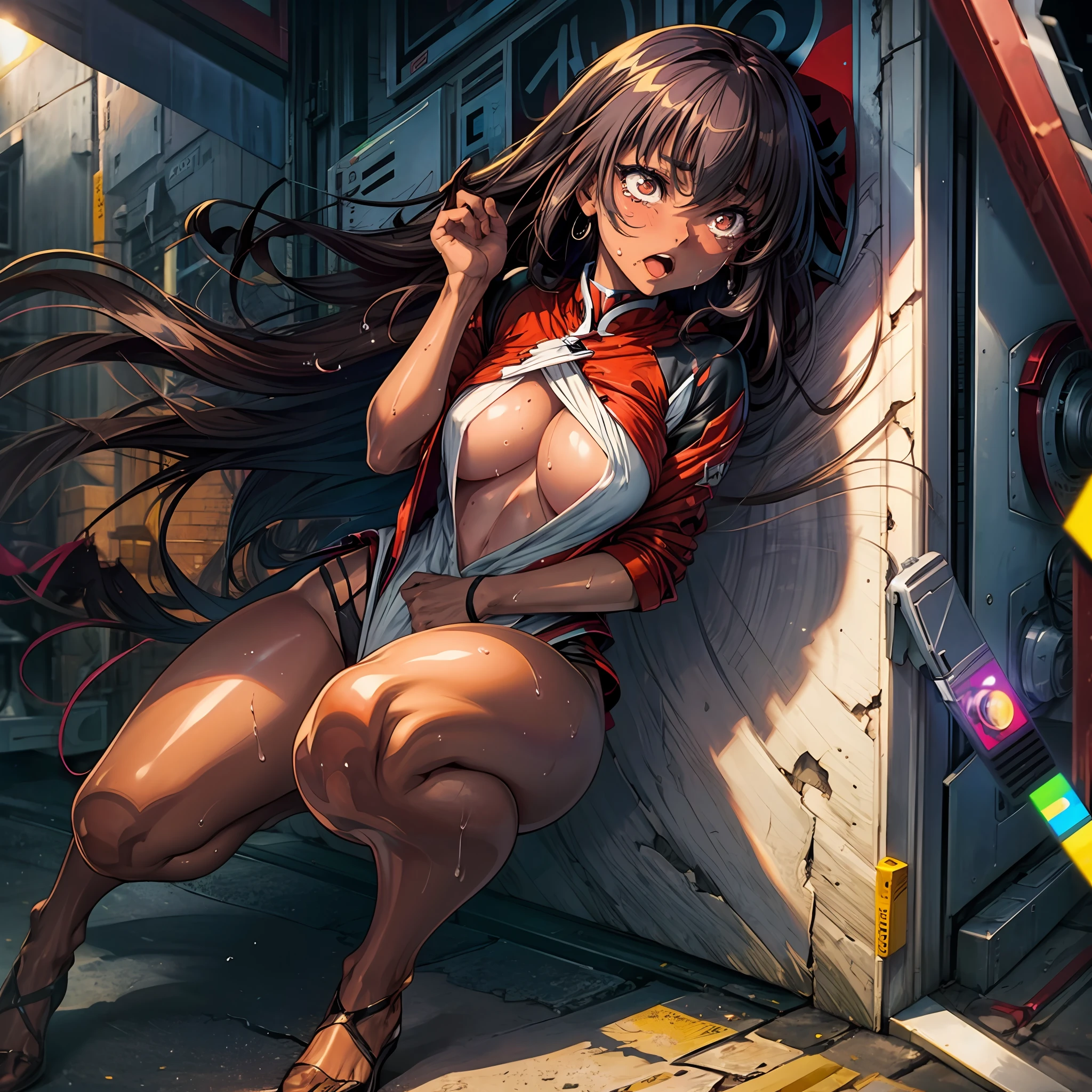 Very detailed、super detailing、独奏、超A high resolution、((Full body style image))、Crotch open and crouch、large amount of pubic hair、Puffy nipple、Pitch Resuit、Colossal tits、Brown-skinned、(Photorealsitic:1.4)、(Best Quality)、(Best Shadow)、high detailing、angle from bellow、bbw、Tears、Mouth open、A frustrated look on his face、Mass sweat、