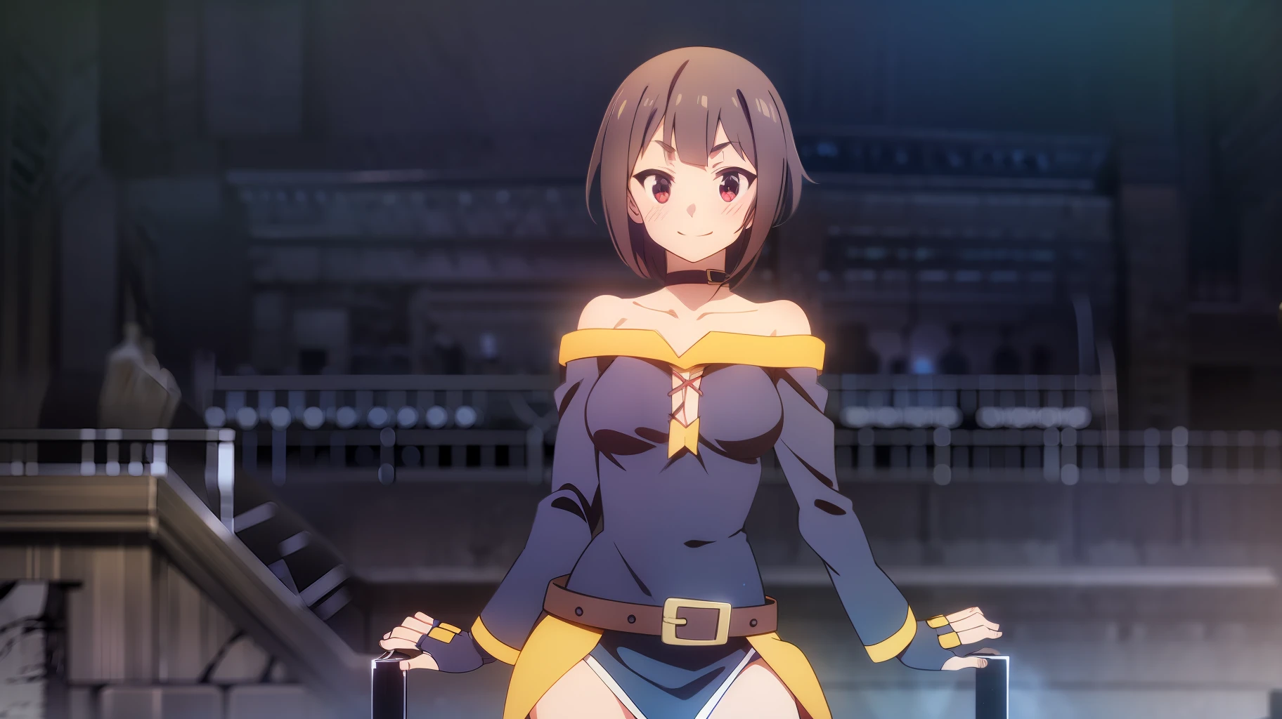 megumin, standing, looking at viewer, (no headwear), brown hair, short hair, red eyes, blush, black choker, blue and yellow dress with boca juniors logo, long sleeves, blue gloves, fingerless gloves, belt, black belt, gold trim, zettai ryouiki, skindentation, (asymmetrical legwear:1. 4), mismatched legwear, (bandaged leg:1. 3), black thighhighs, Smile, cowboy shot, forest, konosuba anime style, bombonera stadium background with blue and yellow flags