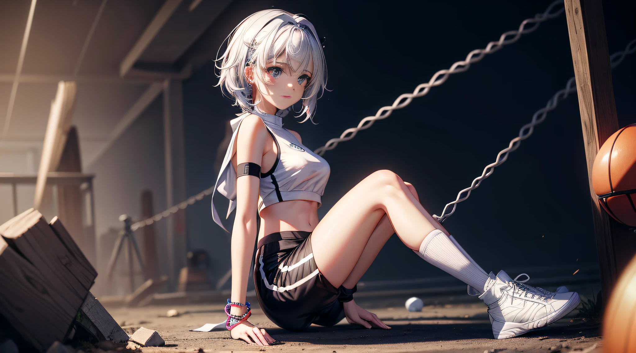 (Extreme Detail CG Unity 8K Wallpapers,tmasterpiece,Highest image quality),(Delicate light and shadow,The picture is highly dramatic,Cinematic lens effect)A youthful student babes standing on the sports field、white clothes、Silver shiny hair、Sporty wind、track pants、self-assured、vibrancy、Tall、slim、Light-colored sports suit、self-assured、vibrancy、Tall、slim、shairband、Bundle up、youthfulenergy、Sports-style clothing、Bright colors、Thin waistband、Fashionab、Wrist watch、Bracelet、White sneakers、Eyes、resolution、Sports hand straps、hair pin、Hair rope、Headbands、Bracelet、Anklets、Leg socks、耳Nipple Ring、Falling debris、with beautiful colors、youthfulenergy、adolable、quadratic element、Brush stroke、中景 the scene is、Full body like