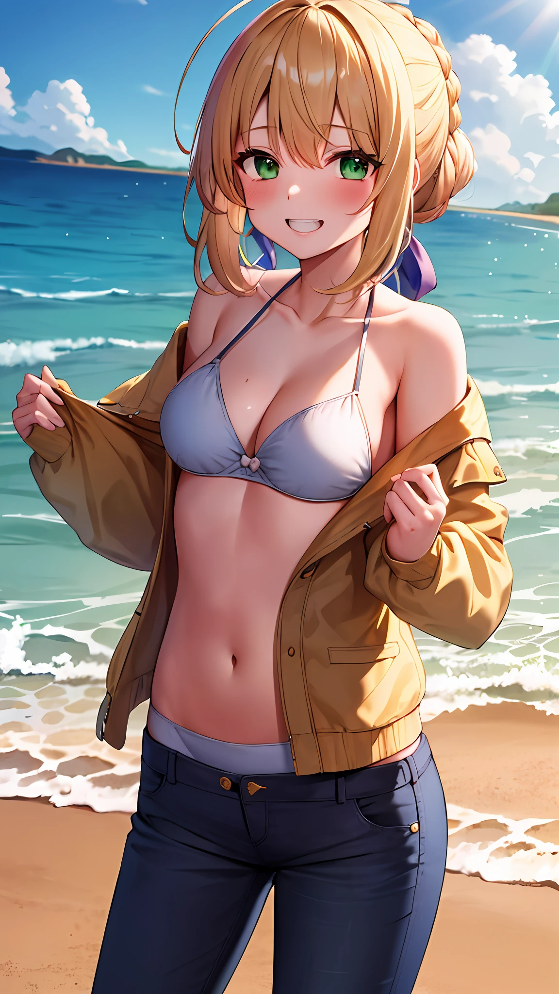 masterpiece, best quality, highres, ccsaber, blonde hair, green eyes, ahoge, beach, sky, sand, sea, sunny days, frilled bikini, cute jacket, bare shoulder, smile, cleveage, breast out, blush, shy, cowboy shot, ((short pants)), (hands behind back), show teeth,