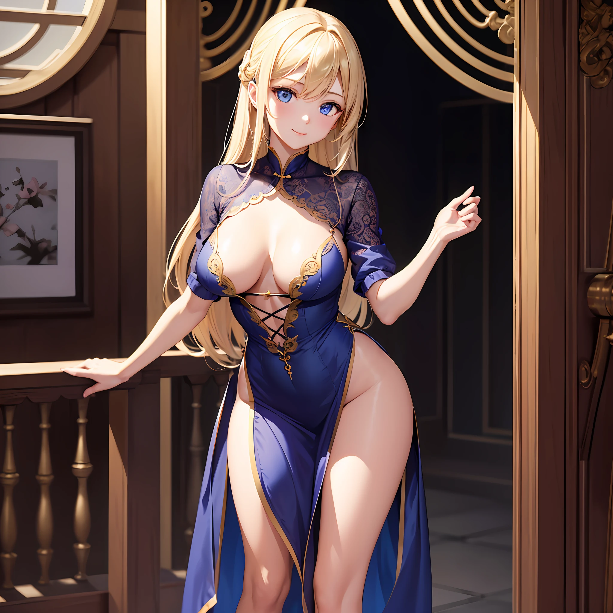 (A hyper-realistic), (illustratio), (hight resolution), (8K), (ighly detailed), (The best illustrations), (beautifully detailed eyes), (top-quality), (ultra-detailliert), (masterpiece), (wall-paper), (详细的脸), 独奏, 1 girl in, looking at the viewers, finely detail, A detailed face, murky, pureerosfaceace_v1, A smile, A half body, Long legs in transparent invisible underwear, big breasts thin waist, s ass, Ultra-thin makeup, invisible clothes, Legs apart、sexy dress、Scandinavian face、a blond、Blue eyes、Beautiful face、 girl、Expressive、gesture、Satin luster 、full body Esbian、Genital bite、 stand up、Beige underwear、The sheen、Sheer skin、Nipple protrusions、Golden cheongsam style、kawaii、Beautiful dress