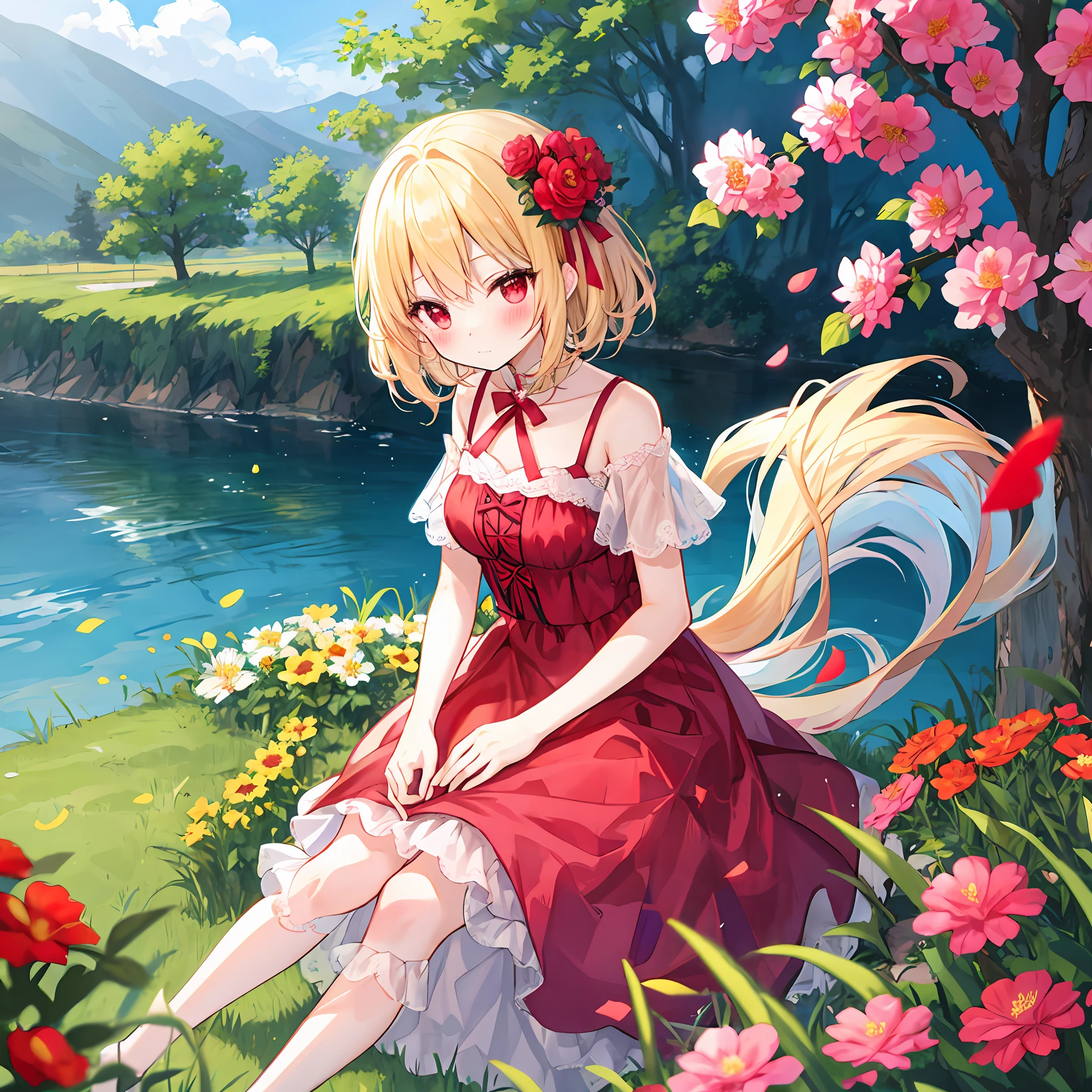 red blush、blonde hair、red eyes、Beautiful girl alone、animesque、独奏、Pink dress、flower field、lonely、sitting on