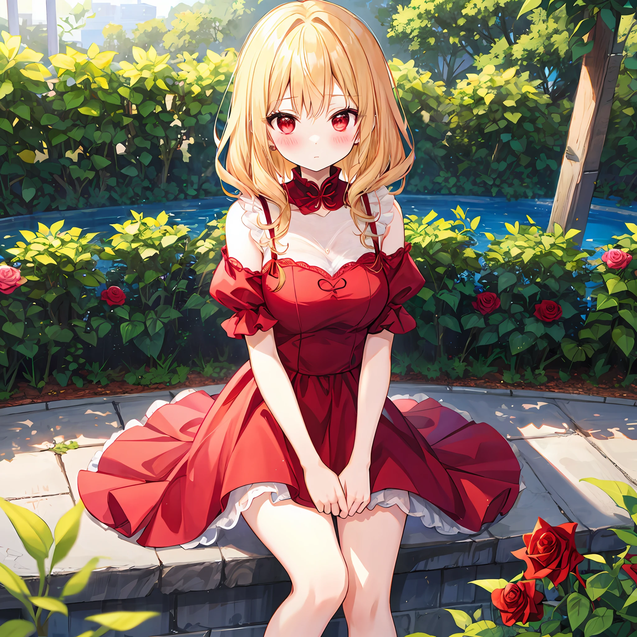 red blush、Wavy blonde hair、red eyes、Beautiful girl alone、animesque、独奏、Pink dress、rose garden、lonely、sitting on