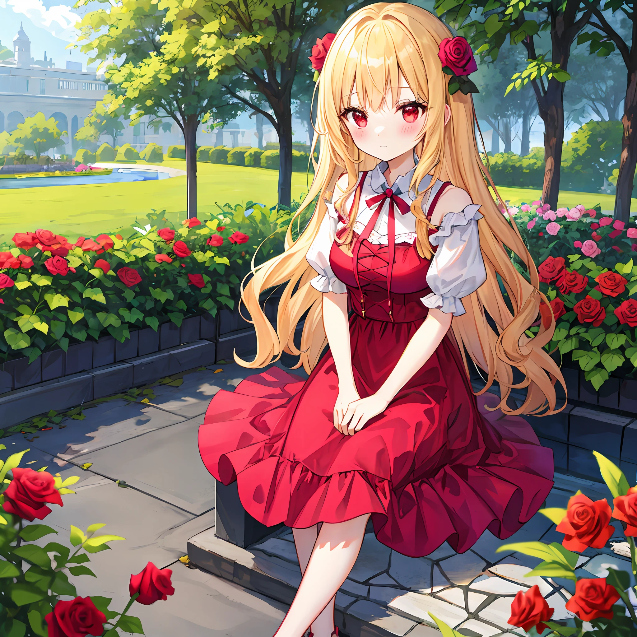 red blush、Wavy blonde hair、red eyes、Beautiful girl alone、animesque、独奏、Pink dress、rose garden、lonely、sitting on