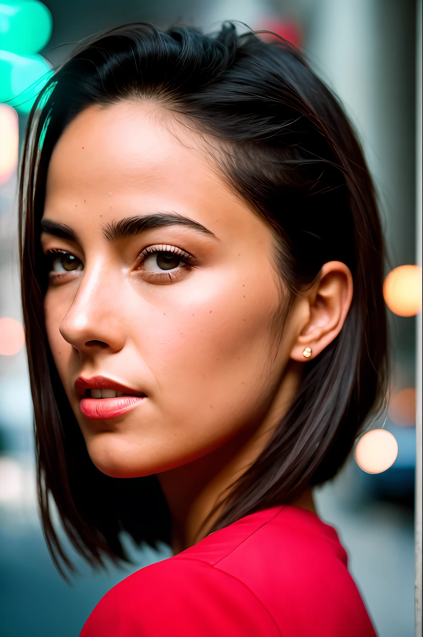 A tenacious journalist uncovering a high-stakes conspiracy in a bustling metropolis, serpenteando por ruas movimentadas e becos escuros, close-up, roupas detalhadas, morena olhos castanhos, flowing hair, Determined expression, pele brilhante, subsurface scatter, (clear: 0,7) , [(Colorful explosion psychedelic paint colors: 1.21):: 0.05], amazing fine details, film photography Nikon D850 Kodak Portra 400 camera f1.6 lente, cores ricas, textura realista, lighting dramatic, ambiente urbano, highrise, neon signs , vendedores ambulantes, dynamic compositing, mecanismo irreal, trending on ArtStation, cinestill 800 tungsten