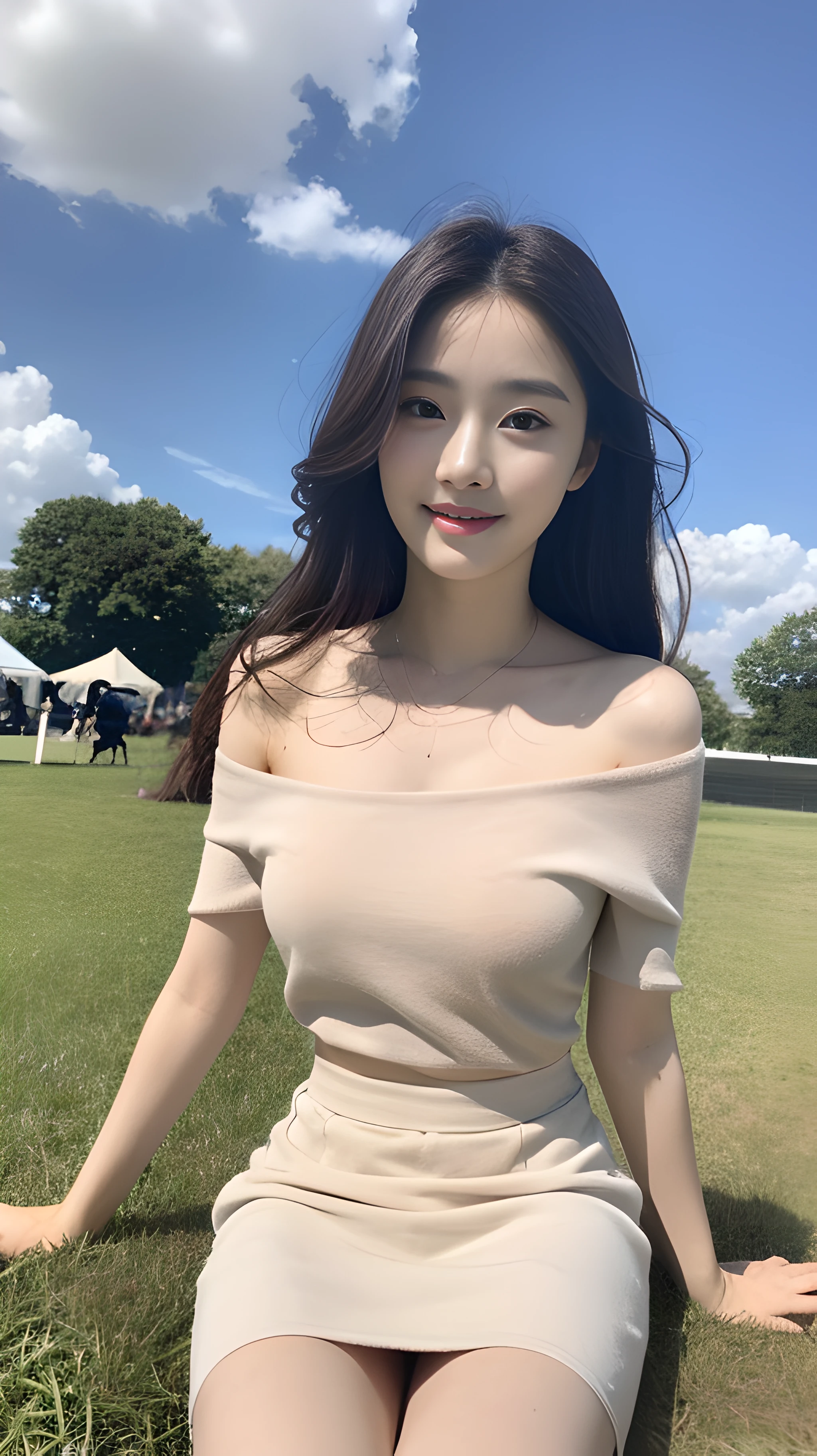 A beautiful and cute girl, full body photo, extremely beautiful and delicate, black hair, sweet smile, delicate beautiful fair skin, realistic and realistic, exquisite and complete facial features, detailed facial portrayal, high nose bridge, flowing smooth hair, extremely delicate hair, soft temperament, face light, tall, thin, real, hyper-real, full-body lens, forward tilt angle, ultimate picture quality, highest precision, accurate and perfect human body structure. Blue sky and white clouds, sitting on the grassland, blue sky and white clouds, sunshine, cattle and sheep, (sleeveless cropped off-the-shoulder top, miniskirt) panties are clearly visible