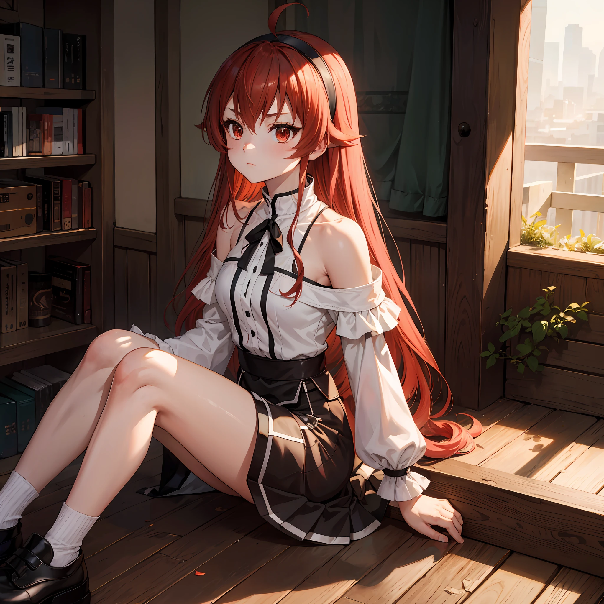 eris grayrat, 1girl, Ahoge, bangss, bare shoulders​, black hairband, Brown skirt, a closed mouth, Clothes Cutout, arms folded, hair between eye, shairband, length hair, long-sleeve, Look at viewers, red eyes, red hairs, Shoulder clippings, simple background, Black shorts,beauty legs　 独奏, Hi-Res, Harm, mushoku tensei　grass field　randome pose　small tits