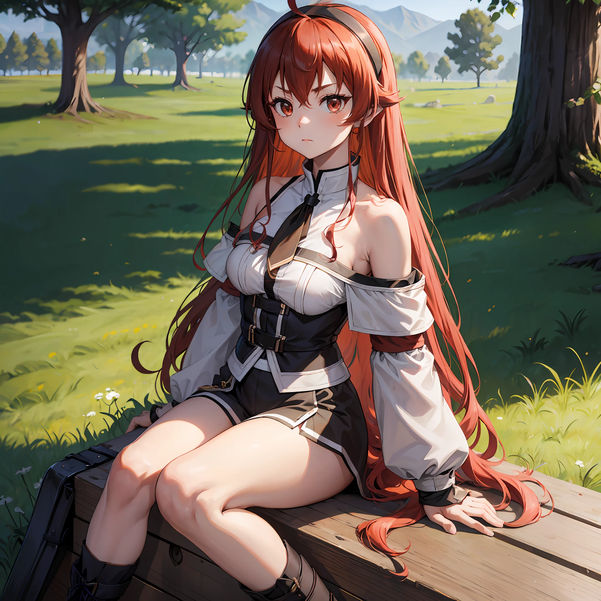 eris grayrat, 1girl, Ahoge, bangss, bare shoulders​, black hairband, Brown skirt, a closed mouth, Clothes Cutout, arms folded, hair between eye, shairband, length hair, long-sleeve, Look at viewers, red eyes, red hairs, Shoulder clippings, simple background, Black shorts,beauty legs　 独奏, Hi-Res, Harm, mushoku tensei　grass field　randome pose　small tits