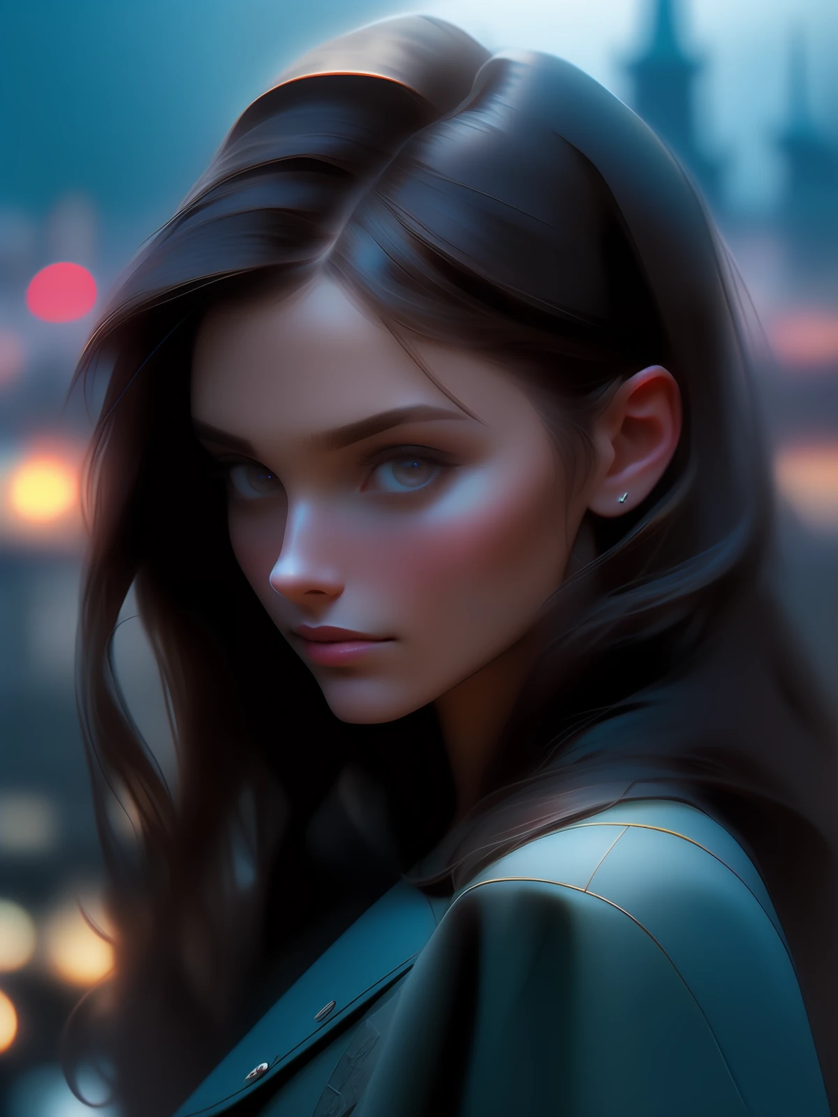a close up portrait of a brunette, prague in the background, slate atmosphere, cinematic, dimmed colors, dark shot, muted colors, film grainy, lut, insane details, intricate details, [[[freckles]]]