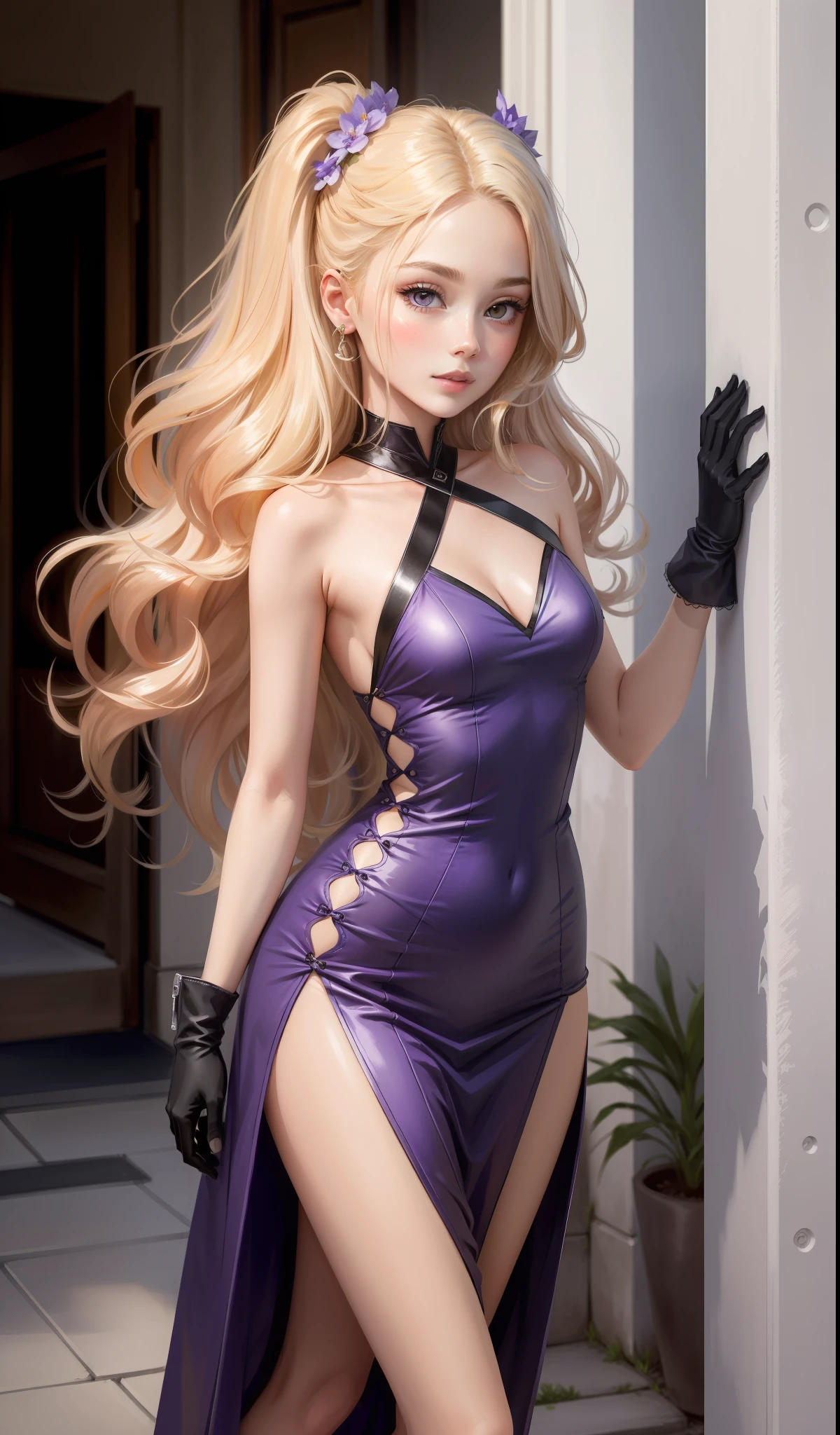 a woman wearing , lilac and purple dress with a slit for the left leg, backless dress , black elbow length gloves, lilac high heels, purple flowery hair pin, elegant , cute face, nike shoes, , adult face, long hair, ((honey coloured hair)) and gleaming detailed vibrant purple eyes, slim frame, medium breast size , long legs, beautiful face, small glossy pink lips, long wavy hair, standing pose