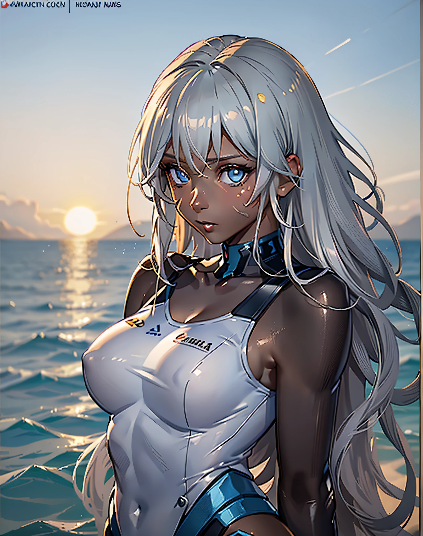 ((((masuter piece、top-quality、Healthy images、Long body、large full breasts、Brown skin color、Silvery hair、Long hair、Blue glowing eyes、Dynamic Poses、A look of shame、tshirts))))、(((Very marked camel toe)))、sea side、Happy look、(((((Black skin))))),((((darkskin)))),((sun burn))、Realistic skin type、an anime girl、Detailed Digital Anime Art、A seductive anime girl、extremely detailed art germ、a hyperrealistic schoolgirl、Ilyakukvshinov、Smooth Anime CG Art、Ultra Realistic Woman、ig model、ArtGerm、photo-realistic anime girl、digital anime art