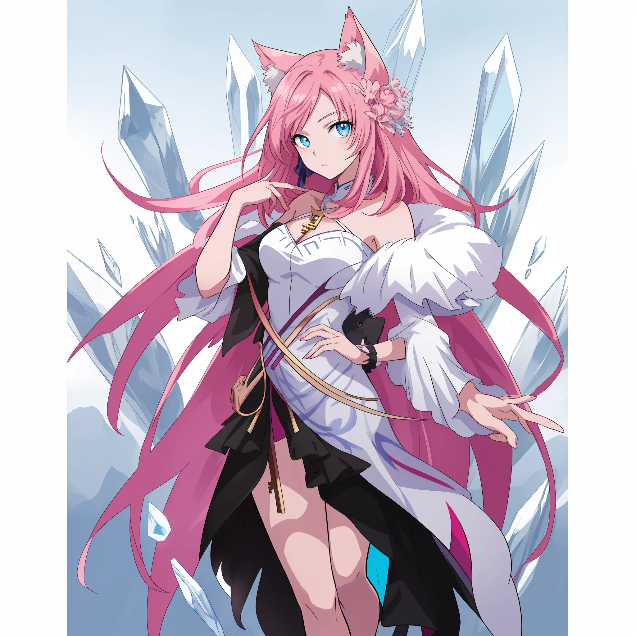 anime girl with pink hair and blue dress holding a sword, from arknights, crystalline!!, detailed key anime art, detailed anime art, very beautiful anime cat girl, beautiful anime catgirl, detailed anime character art, trending on artstation pixiv, high quality anime art, official anime artwork, zerochan art, beautiful fantasy anime, detailed anime artwork, skinny, cleavage