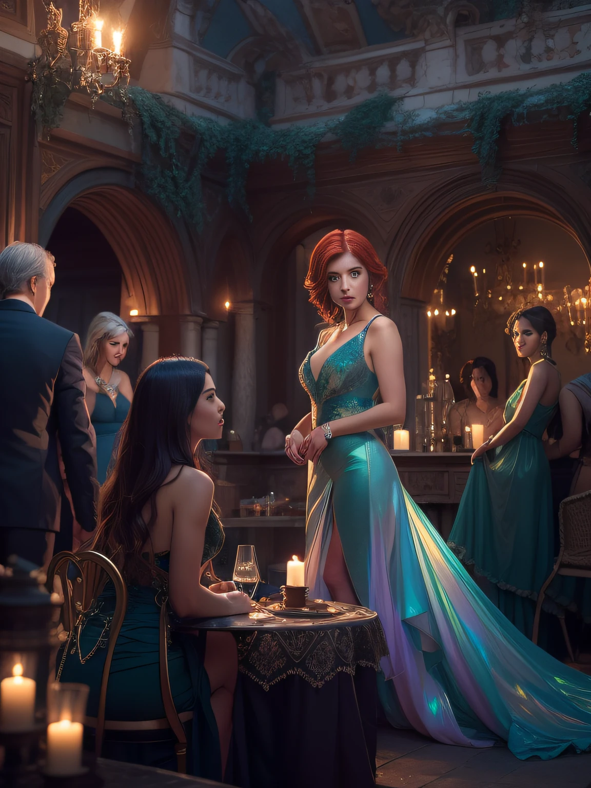 Prompt:a photograph of the sorceress Triss from the Witcher,she's mingling at a lively soiree inside a palace garden,she's wearing a Pearlescent Blue gauze plunging v-neck formal gown,she is wearing whilt high heels and a emerald pendant necklace,all eyes are on her stunning gown,evening,cinematic lighting --stylize 600--aspect 3:4 back view ,bottom view.