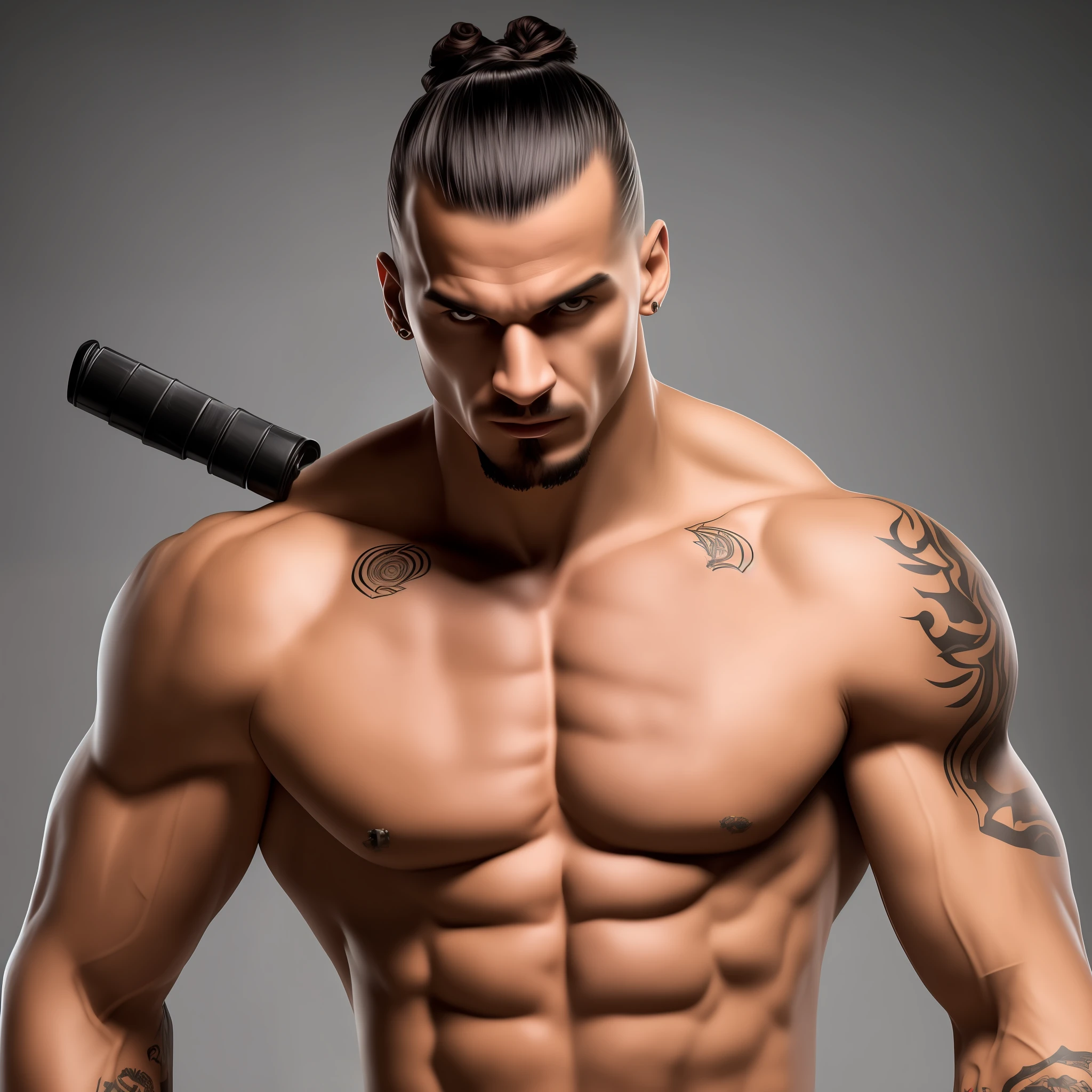Muscular man with a lot of anger running with knives in his hands, fibrado, fibras musculares, cabelo estilo ibrahimovic, coque samurai, Small details of cyberpunk robot, em um lugar sombrio e escuro, floresta escura,