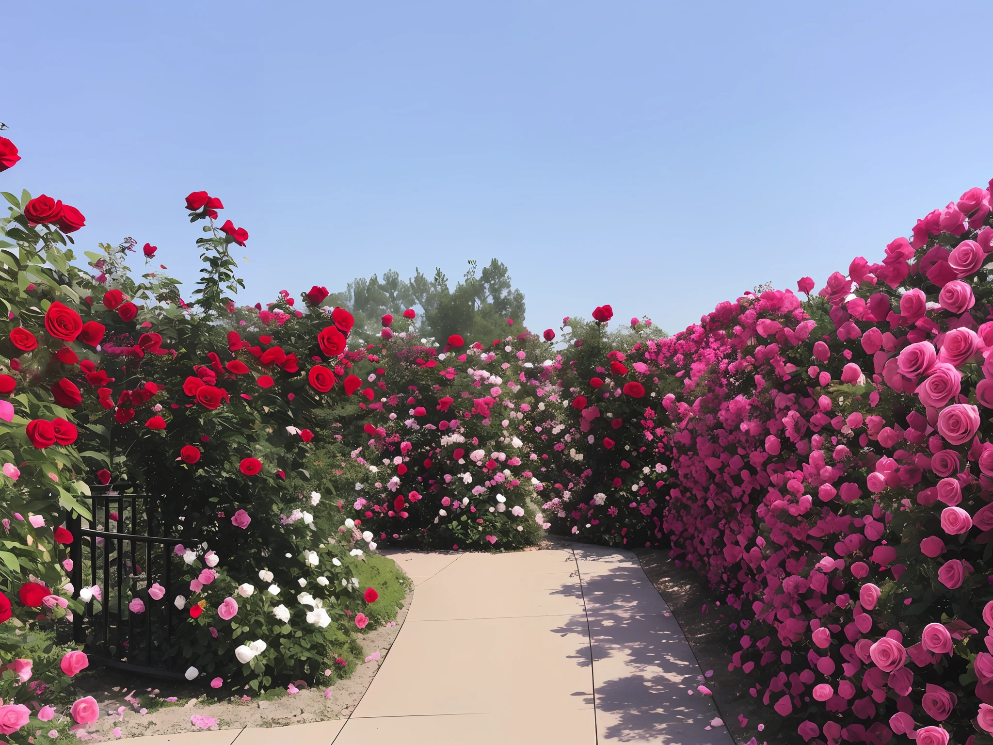 Roses of various colors grow on the side of the road, Rose garden, portal made of roses, blossoming path to heaven, city park with flowers, flowers garden, Garden with flower background, garden with flowers, Flower garden, Lush outdoor flowers, beautiful flowers growing, Blooming flowers, red roses at the top, parks and gardens, flowers blooming,Rose Labyrinth